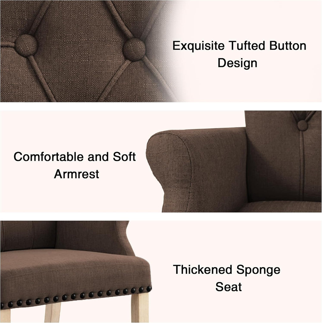 LOULENS Fabric Dining Chairs, Modern Upholstered Tufted Dining Room Chairs with Arms and Solid Wood Legs for Home, Kitchen Living Room, Brown