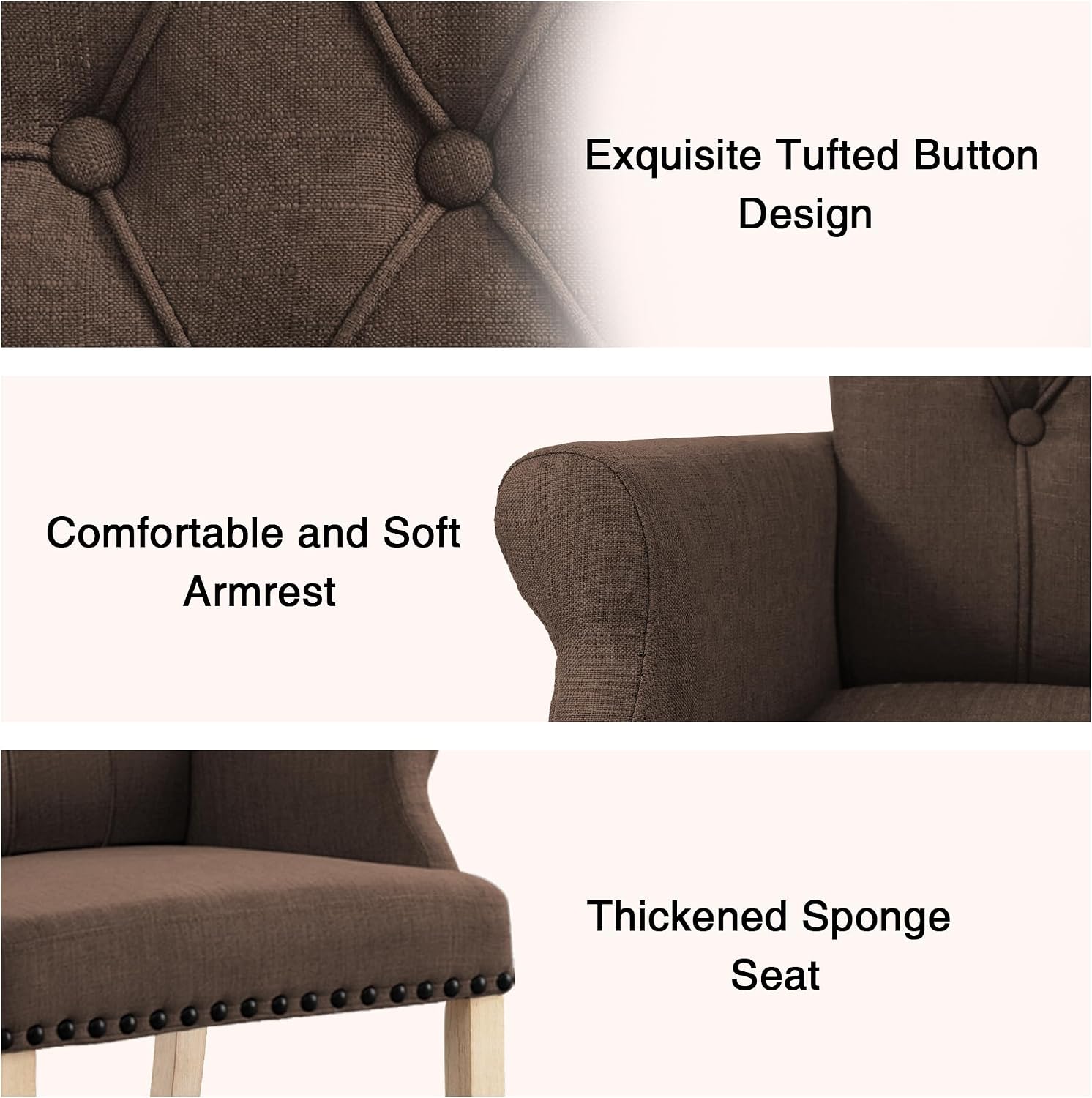 LOULENS Fabric Dining Chairs, Modern Upholstered Tufted Dining Room Chairs with Arms and Solid Wood Legs for Home, Kitchen Living Room, Brown