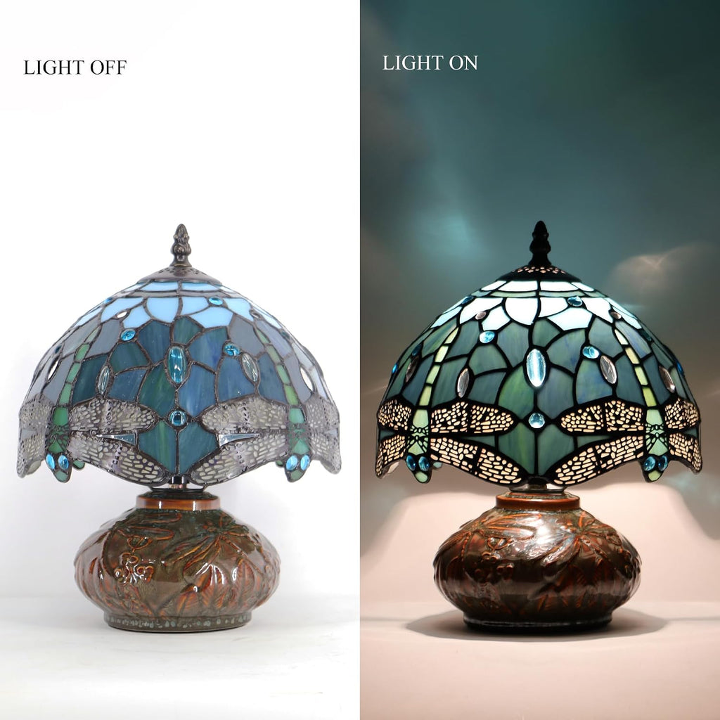 Small Tiffany Table Lamp Mini Mushroom Stained Glass Lamp Memory Sympathy lamp 10X11 Inch (Sea Blue Dragonfly)