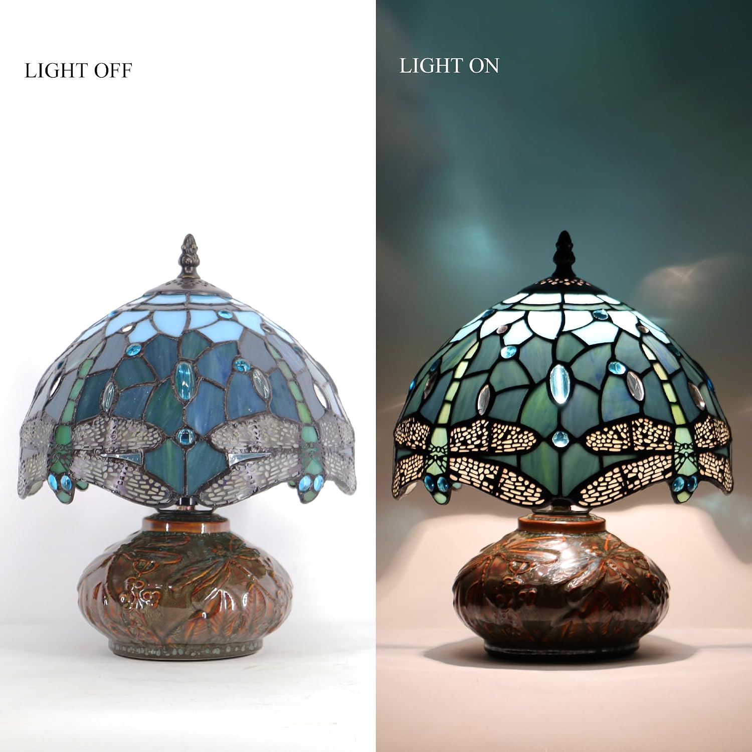 Small Tiffany Table Lamp Mini Mushroom Stained Glass Lamp Memory Sympathy lamp 10X11 Inch (Sea Blue Dragonfly)