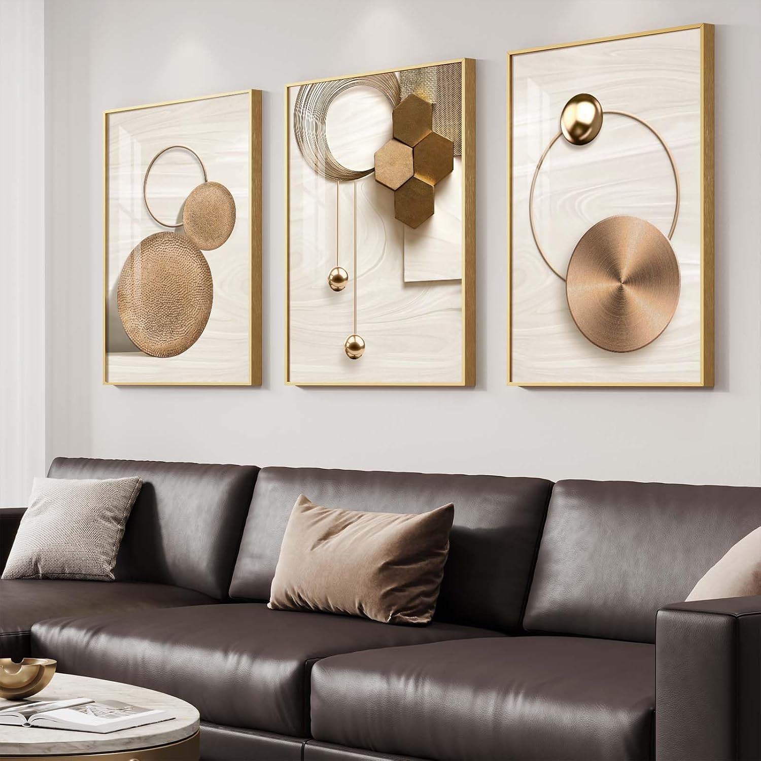 Large Modern Elegant Gold Framed Luxury Wall Art, 3 Piece Bright Glam Art Prints Paintings Artwork for Walls, Bronze Gold Geometric Pictures for Living Room Dining Room Bedroom Wall Decor 20x30 In