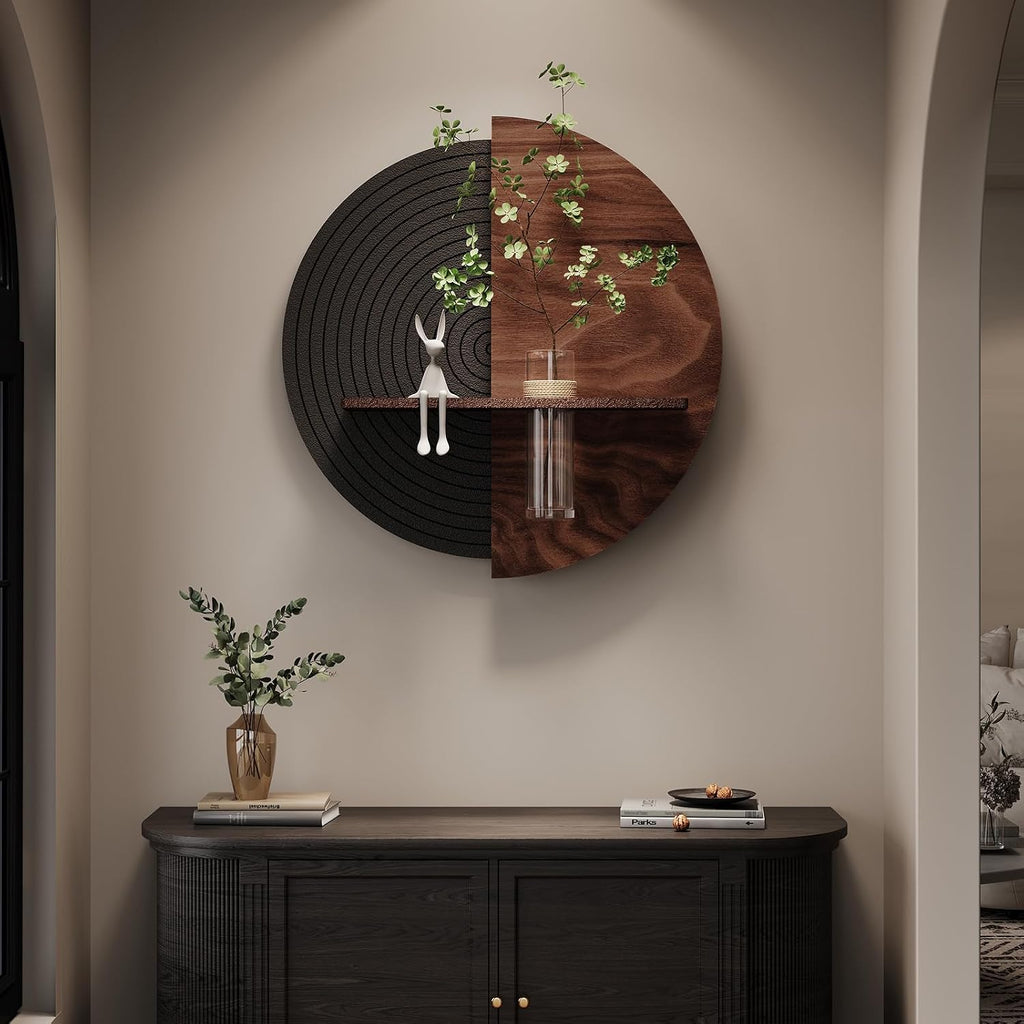 3D Textured Round Abstract Wall Art Decor With Shelf, Modern Minimalist Geometric Black Brown Artwork for Walls, Circle Sandstone Texture Wall Decor for Living Room, Hallway, Kitchen, Bedroom, Office