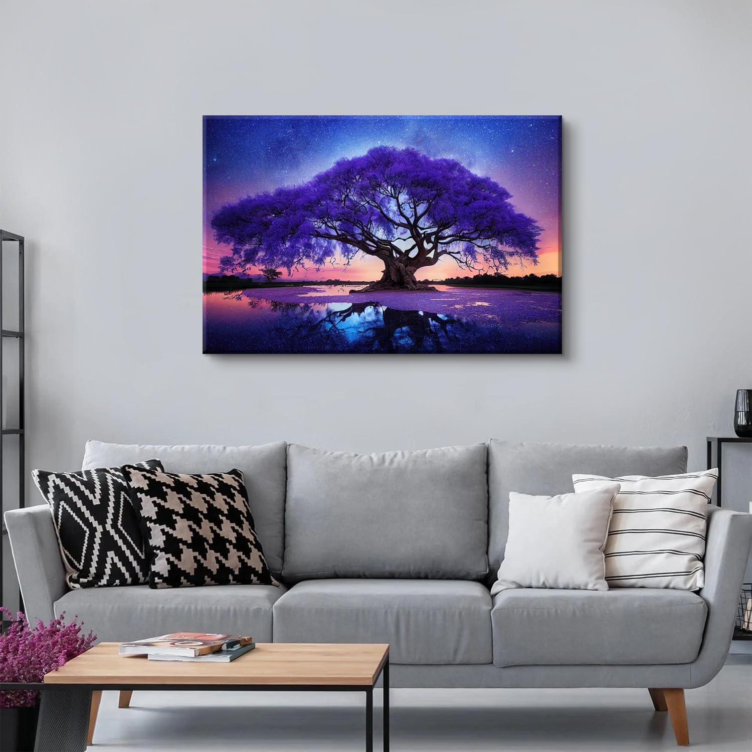 Purple Tree Landscape Wall Art Blue Starry Night Picture Artwork for Living Room Wall Decor Abstract Nature Scenery Canvas Print Painting for Modern Bedroom Bathroom Home Office Decoration 32x48'