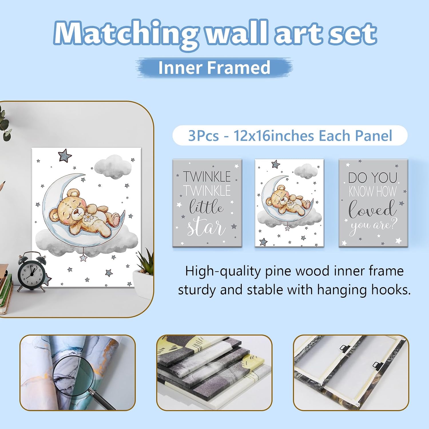 KAINSY Personalized Crib Set, 5 Pcs Custom Baby Bedding with Name, Double Layer Nursery Bedding for Boy Girl, Soft Moon Bear Bedding Set, Gifts for Toddler, Infant, New Parents