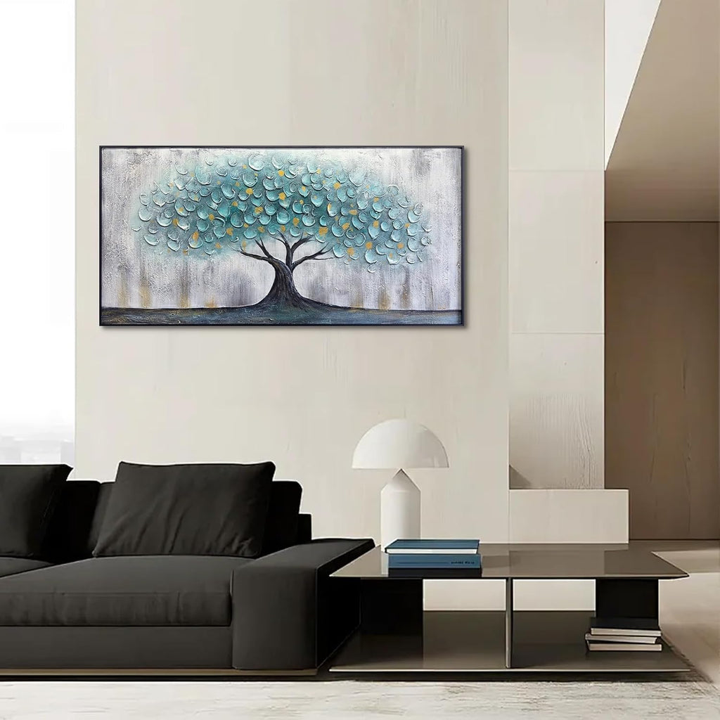 Teal Blue Tree of Life Canvas Wall Art for Living Room, Hand Painted Modern Abstract Textured Painting, Large Framed Panoramic Landscape wall art for Living Room, Bedroom, Office, Home Decor 48'x24'