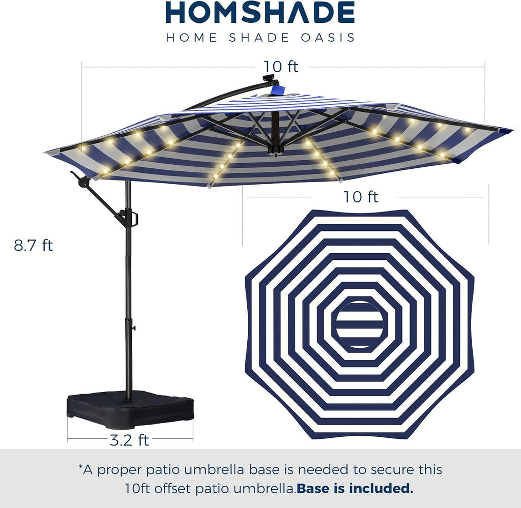 HOMSHADE 10ft Solar Lights Offset Cantilever Patio Umbrella - with Light and Base, LED Offset Patio Outdoor Umbrella UPF50+ UV Protection with Easy Tilt and Crank (Navy&White Stripes)