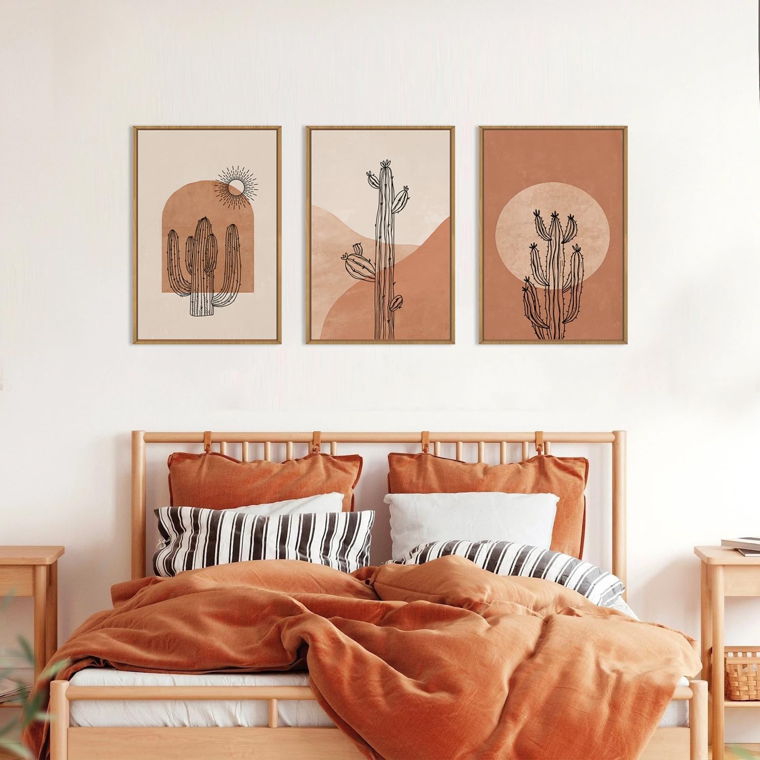 Ausril Boho Minimalist Cactus Framed Canvas Wall Art Set, Mid Century Saguaro Wall Decor, Abstract Geometric Desert Wall Painting, Beige Brown Plant Art Prints for Living Room, Bedroom, Office - 24'X36'X3