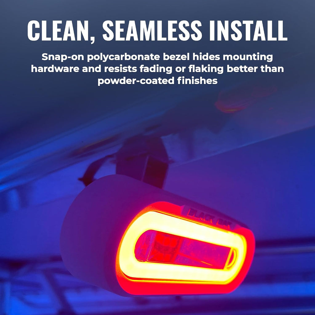 Black Oak Low Pro™ Waterproof Marine Spreader Lights – LED Deck or Dock Light Bar, 2000 Lumens, 120° Beam, IP69K, Bracket Mount (White Housing, Amber Halo)
