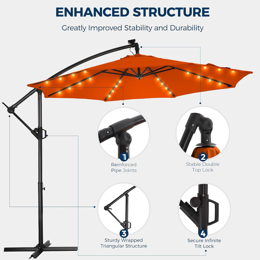 HOMSHADE 10ft Solar Lights Offset Cantilever Patio Umbrella - with Light and Base, LED Lighted Offset Hanging Patio Outdoor Market Umbrella UPF50+ UV Protection with Easy Tilt and Crank (Neon Orange)