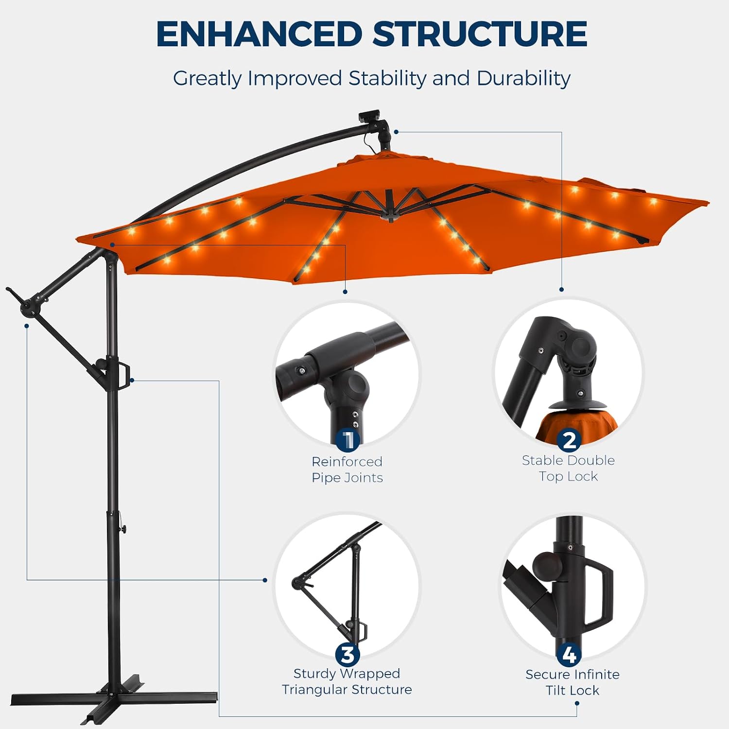 HOMSHADE 10ft Solar Lights Offset Cantilever Patio Umbrella - with Light and Base, LED Lighted Offset Hanging Patio Outdoor Market Umbrella UPF50+ UV Protection with Easy Tilt and Crank (Neon Orange)