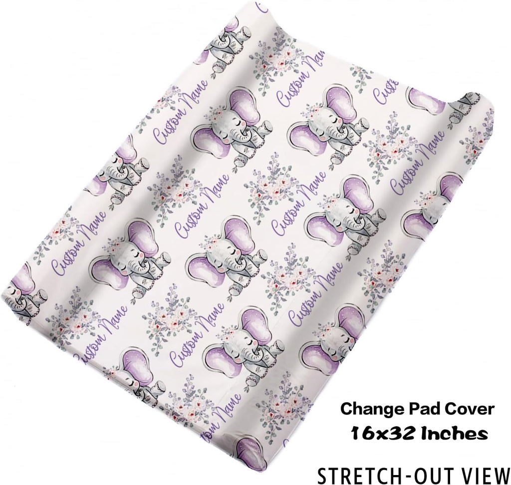 Personalized Baby Crib Bedding Set for Baby Girls, Light Purple Elephant Pattern Custom Name Baby Crib Sets 5-Pcs, Toddler Double Layer Blanket Fitted Sheets Changing Pad Cover Rug Wall Art Set
