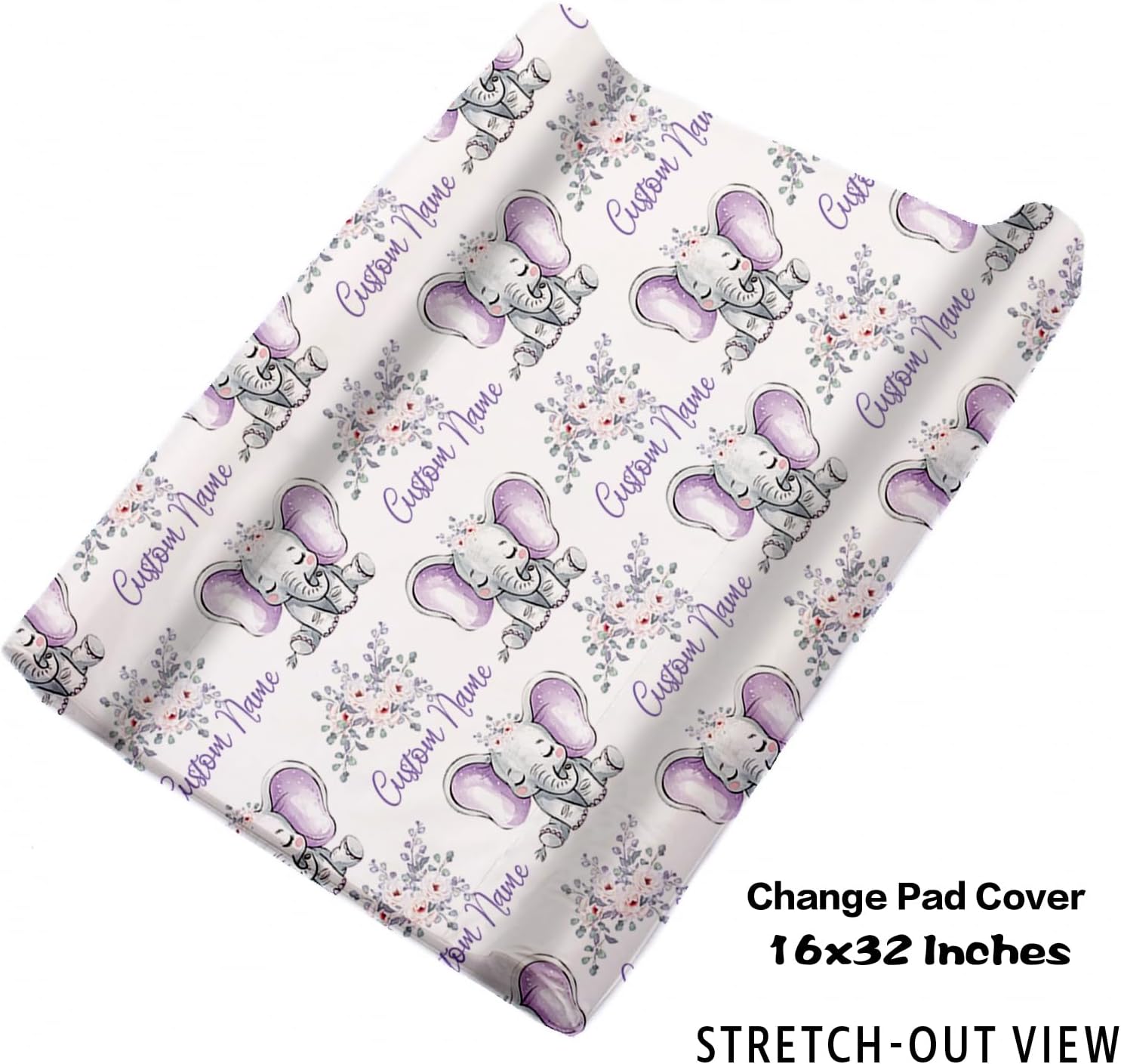 Personalized Baby Crib Bedding Set for Baby Girls, Light Purple Elephant Pattern Custom Name Baby Crib Sets 5-Pcs, Toddler Double Layer Blanket Fitted Sheets Changing Pad Cover Rug Wall Art Set