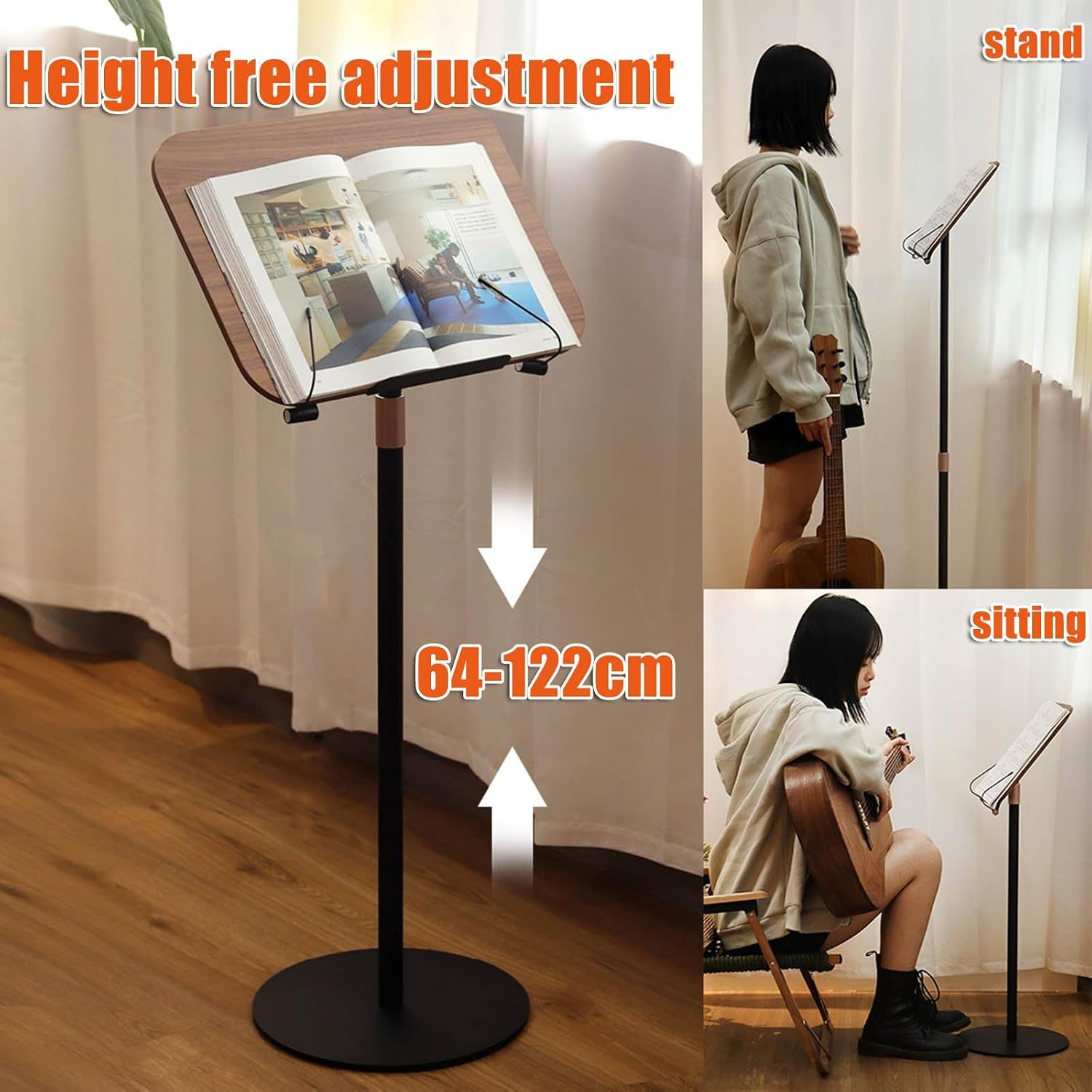 Wood Music Stand for Sheet Music, Music Book Stand Adjustable Height, Stability Sheet Music Stand, Guitar Violin Music Stand for Conductors, Stage, Theatre, Lectures,