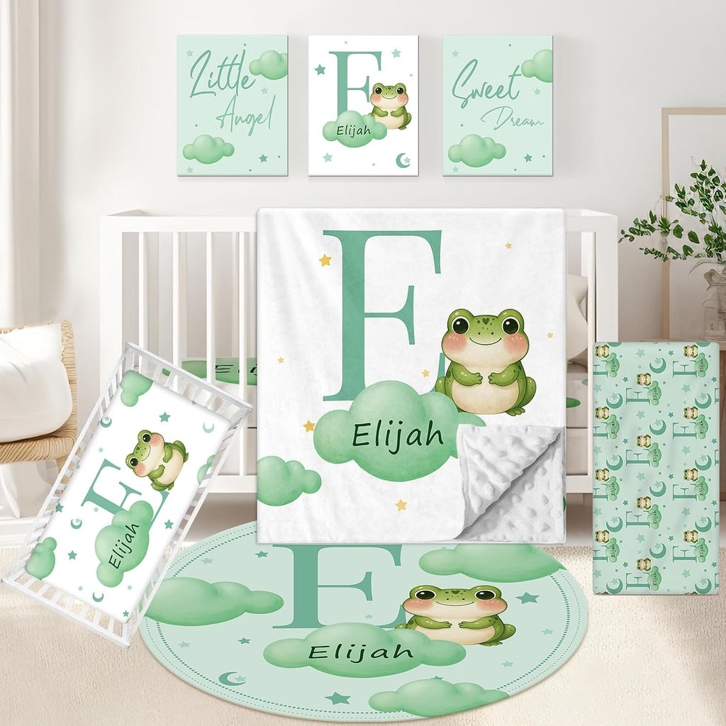 KAINSY Custom Crib Bedding Set, 5 Pcs Personalized Name Monogram Baby Crib Sets for Infants Toddlers, Green Frog Nursery Bedding Set for Boys Girls, Double Layer Baby Bedding Sets Customized Gifts