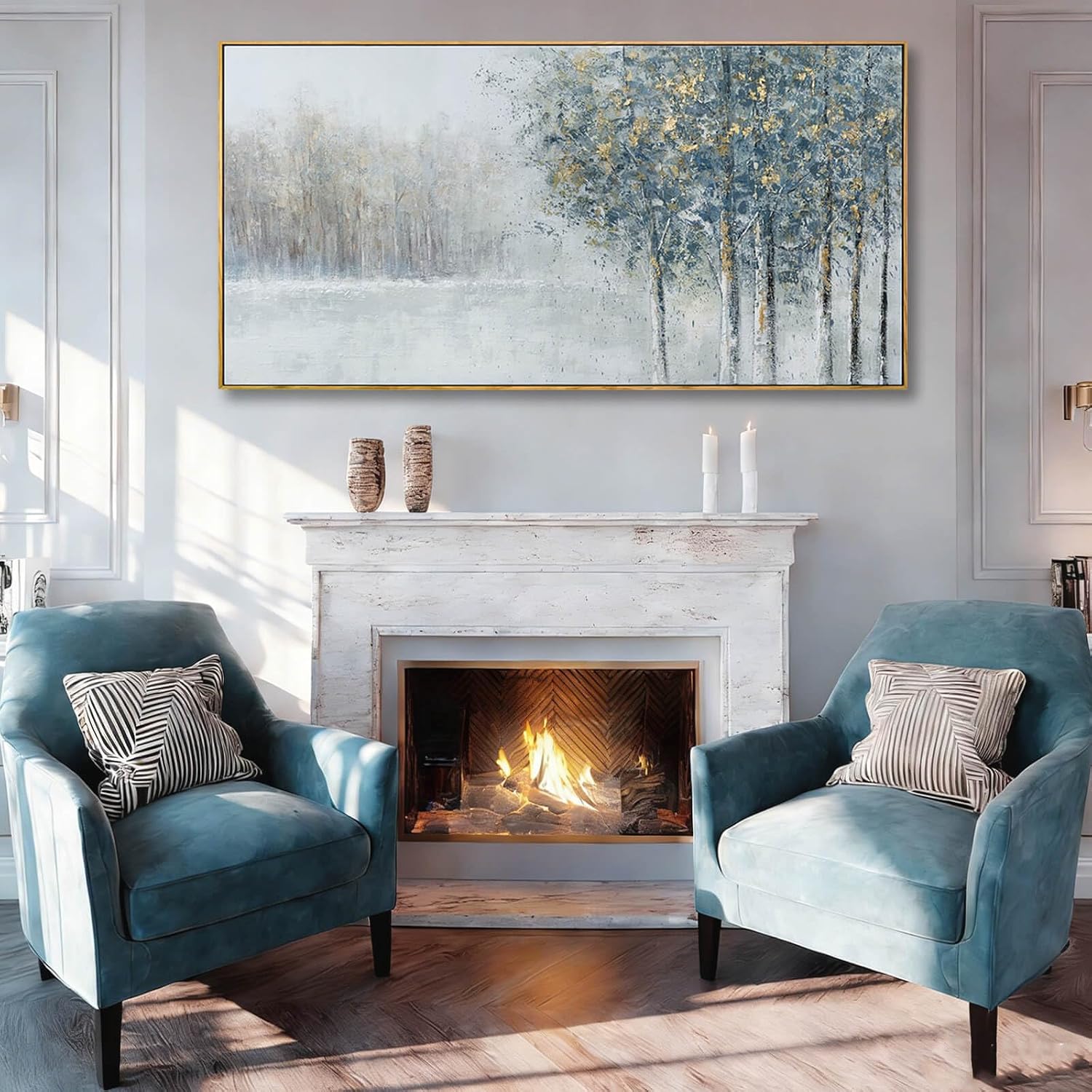 Grey Blue Tree of Life Wall Art 29x58 Inch, Large Framed Canvas Artwork with Wooden Frame, Pictures for Bedroom Wall Decor, Contemporary Forest Painting for Living Room or Hallway
