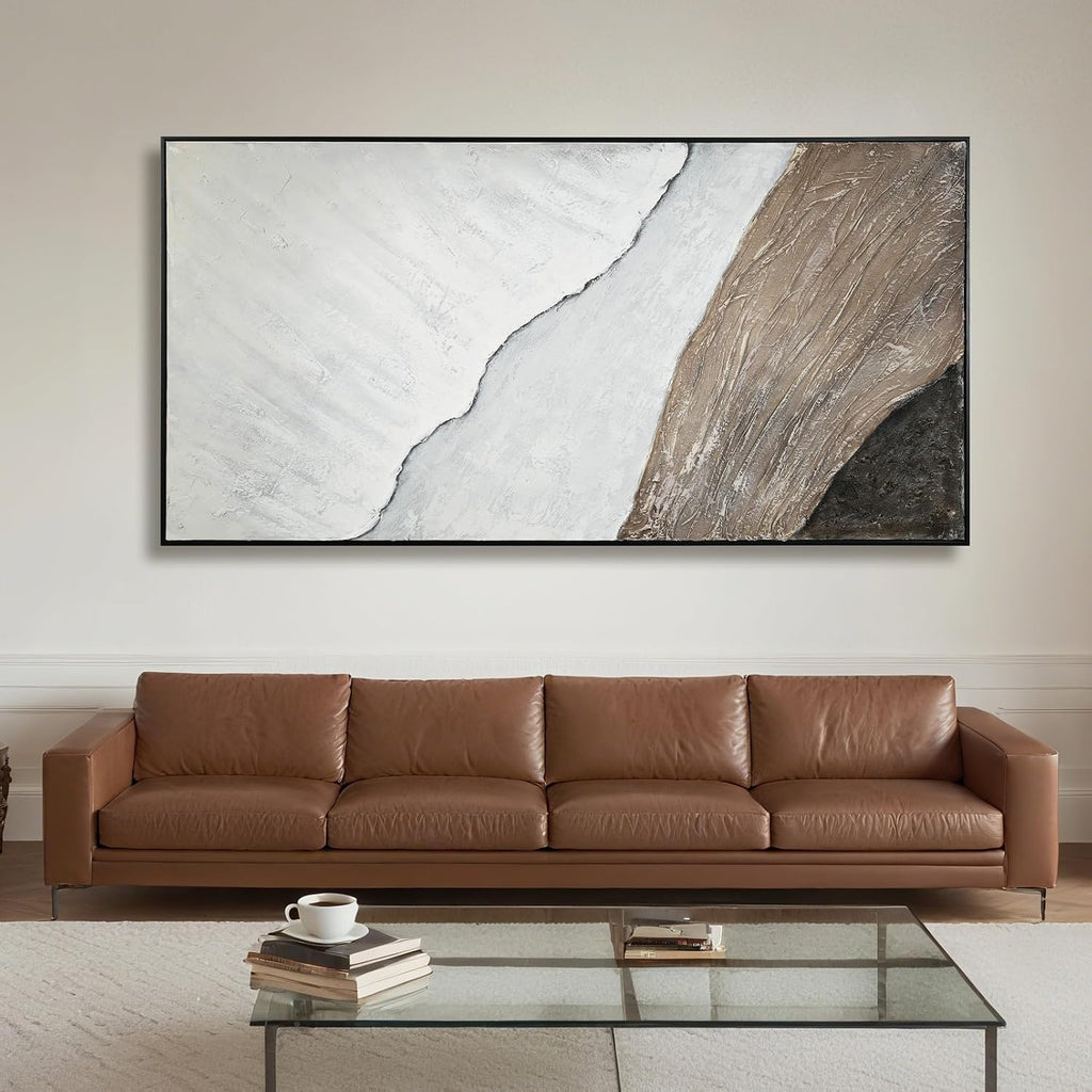 Beach Framed Wall Art Decor, Cuadros para Sala Elegantes y Modernos Dormitorios, Handmade Large Paintings, Living Room Apartment Bedroom Office Kitchen Accessories for Men, Size 29'x58' (White Brown)
