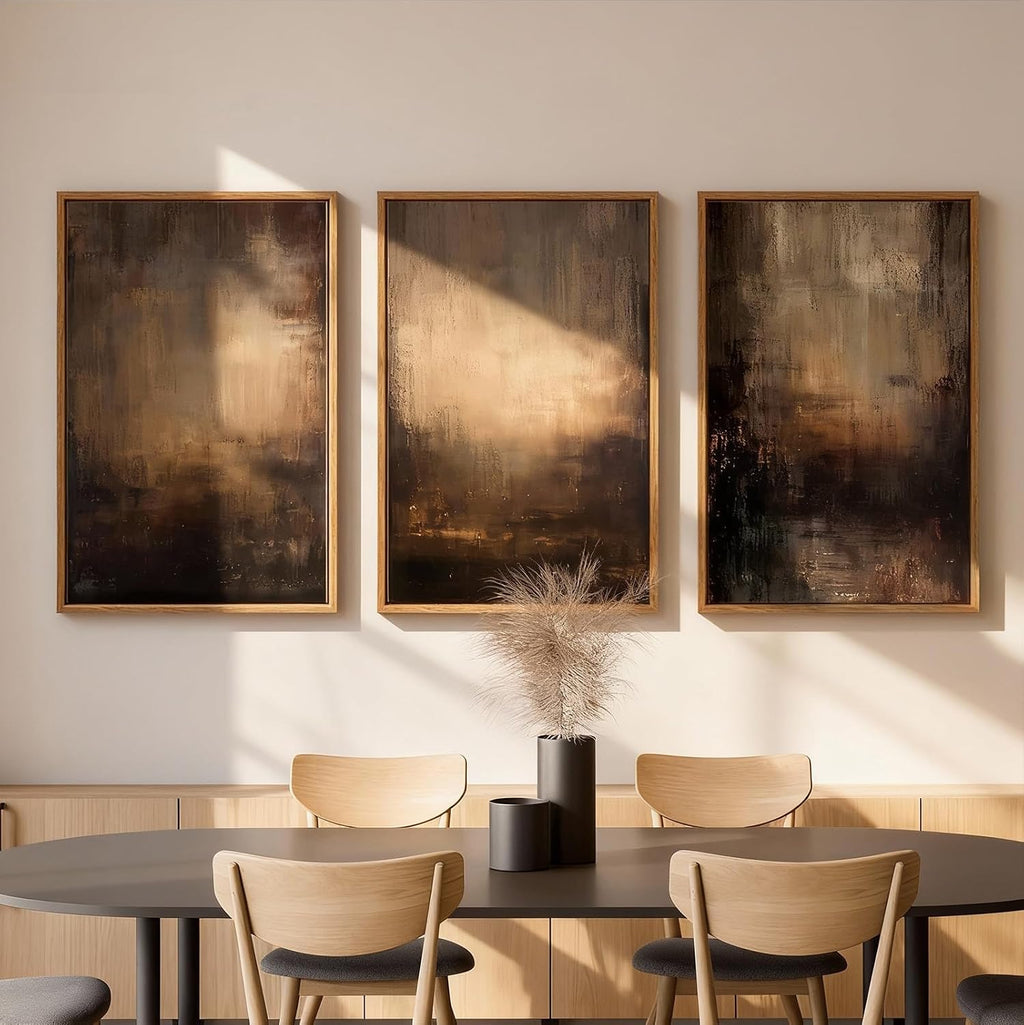 Vaskuro Extra Large Framed Art, Handmade Textured Canvas Paintings, Neutral Abstract Brown Wall Decor for Living Room, 3 Pcs,24x36In, Modern Minimalist Cozy Artwork for Bedroom