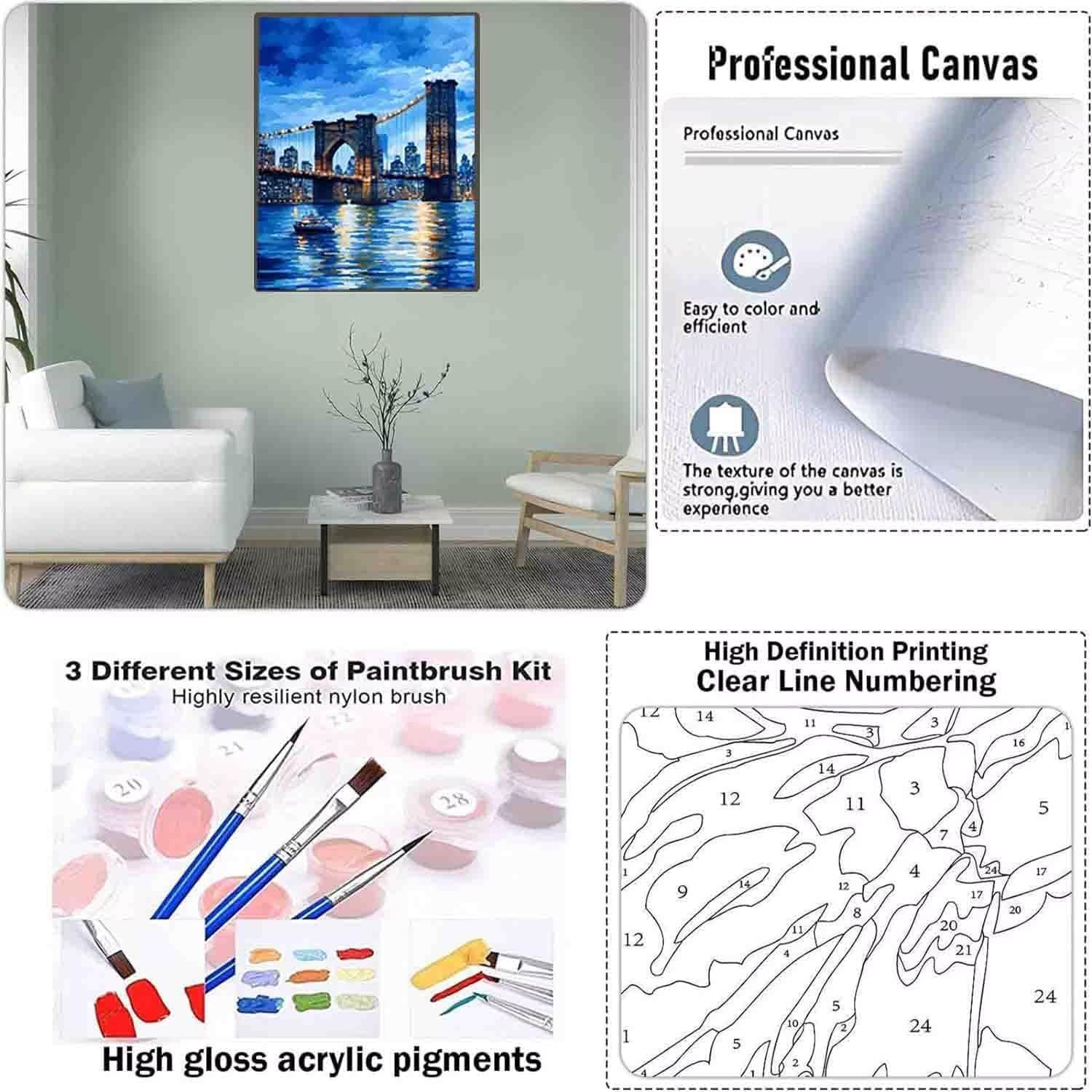 Golden Gate Bridge Paint by Numbers Landscape Paint by Numbers Kit for Adults, Pre Drawn Canvas Painting Kits with 3 Paintbrushes and Acrylic Oil Painting, Hobbies for Women 40x53in (with Frame) -s101
