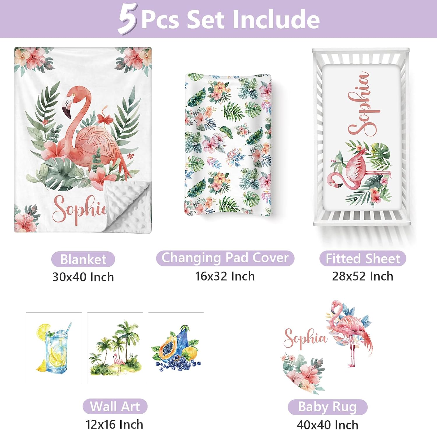 Personalized Baby Crib Bedding Set, 5 Pcs Custom Name Nursery Bedding Set for Girls Boys, Flamingo Baby Crib Set for Toddlers Infants, Double Layer Bedding Crib Sets Customized Gifts