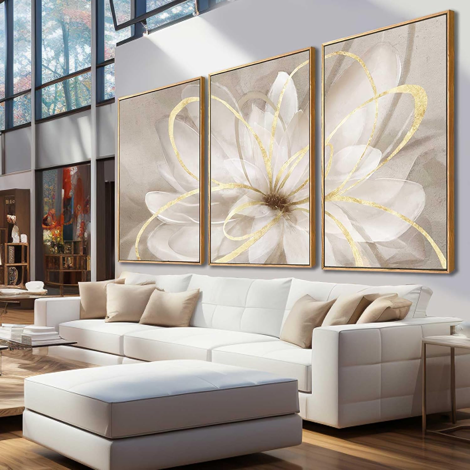 SOUGUAN Living Room Decor White Flower Artwork Gold Canvas Wall Art Abstract Line Painting for Bedroom Kitchen Dining Room Home Wall Decor 26'x40'x 3 Pieces