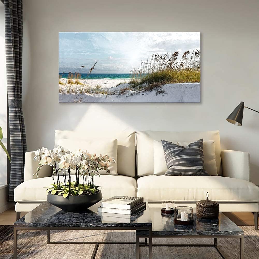 Beach Ocean Decor Wall Art Pictures for Bedroom Living Room Office Beach Wall Decor Ocean Decorations Framed Bathroom Paintings Canvas Wall Art Sunshine Sea Waves Artwork 30'X60'…