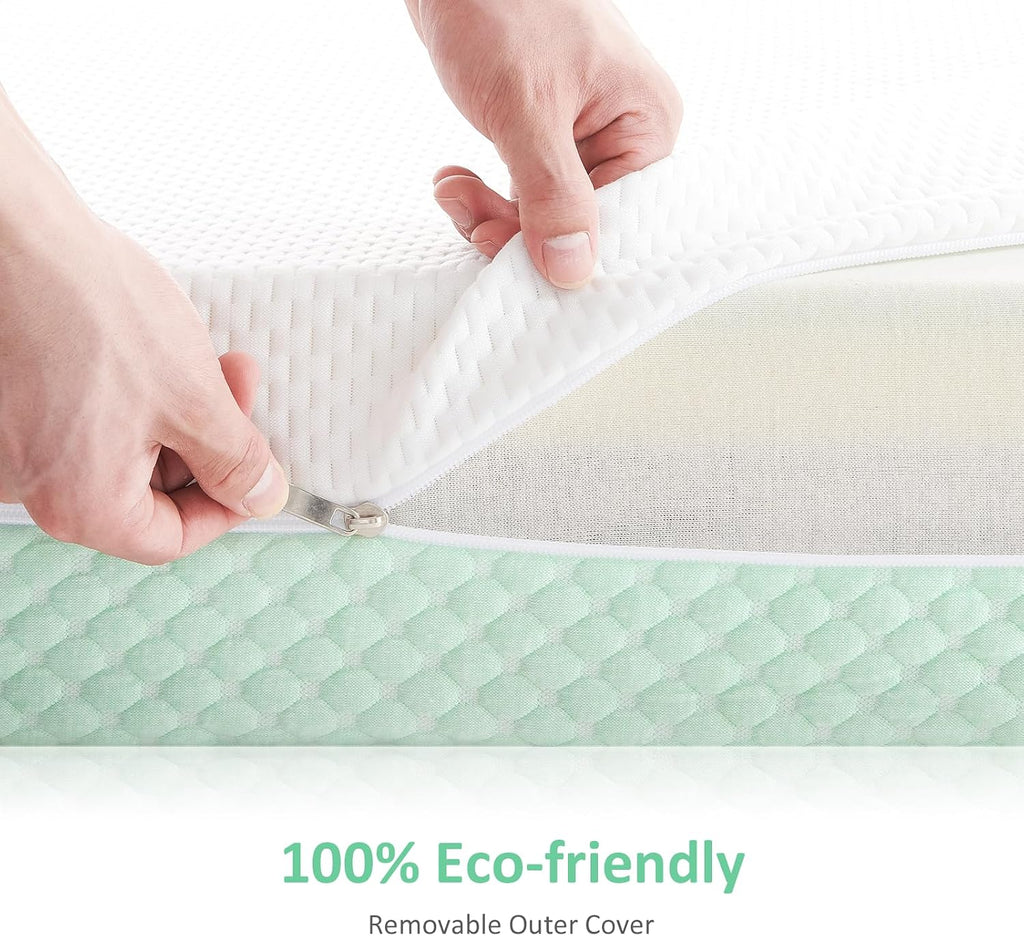 Dourxi Crib Mattress, Dual Sided Comfort Memory Foam Toddler Bed Mattress, Triple-Layer Breathable Premium Baby Mattress for Infant and Toddler w/Removable Outer Cover - White&Green