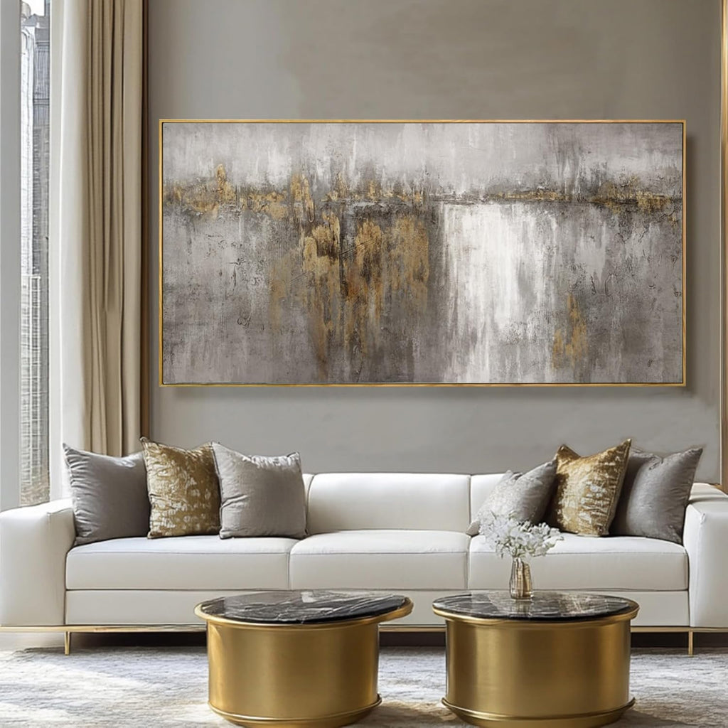 White and Gold Artwork for Walls Abstract Framed Poster Print 24'x48' Canvas Wall Art for Bedroom Neutral Artwork Decor for Office