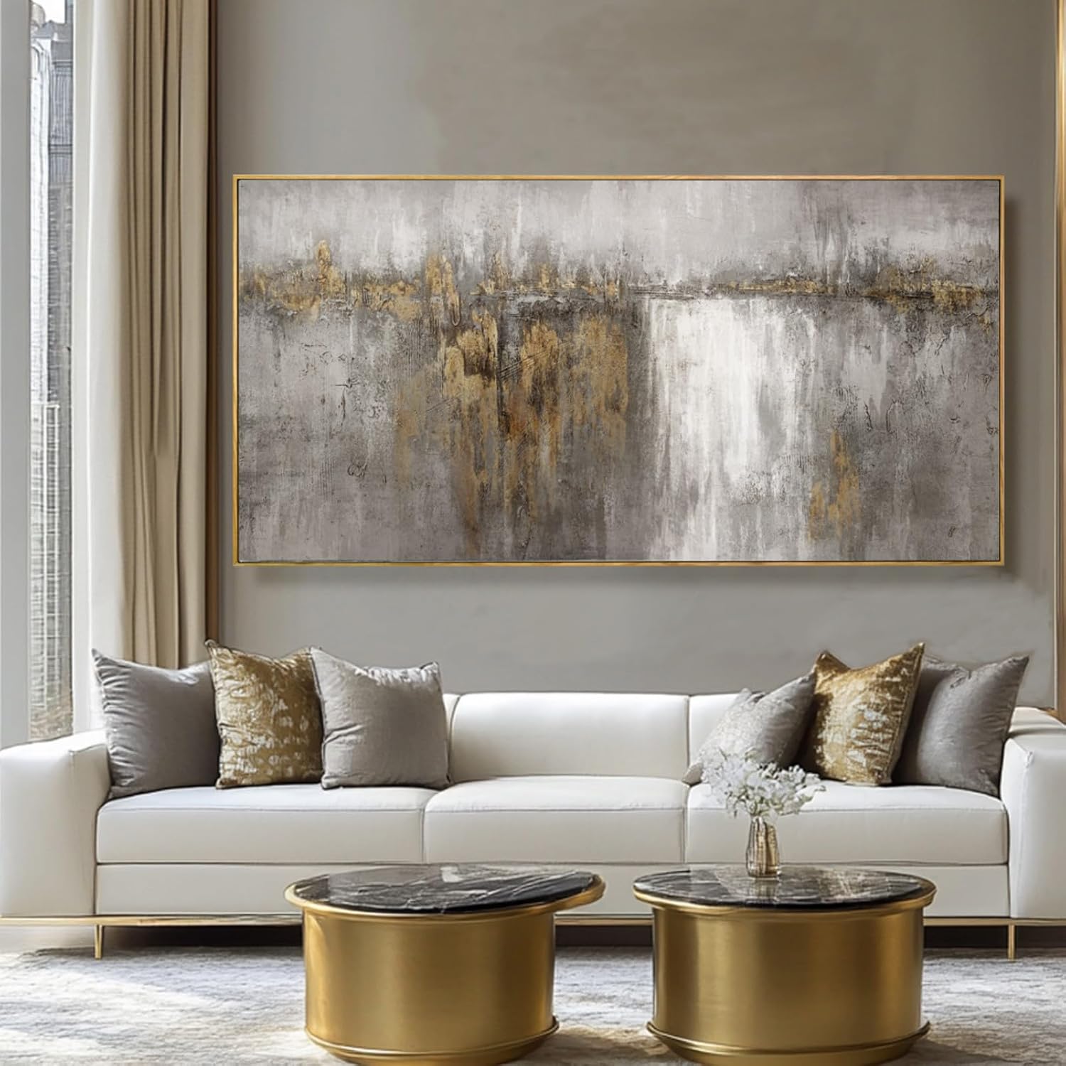 White and Gold Artwork for Walls Abstract Framed Poster Print 24'x48' Canvas Wall Art for Bedroom Neutral Artwork Decor for Office
