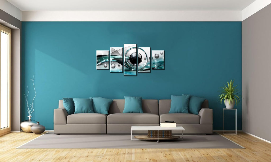 AWLXPHY Decor Abstract Canvas Wall Art Blue and Black Framed Painting for Living Room Decor Modern Simple Circle Line HD Print Artworks Giclee 5 Pieces (Teal, W80 x H40)