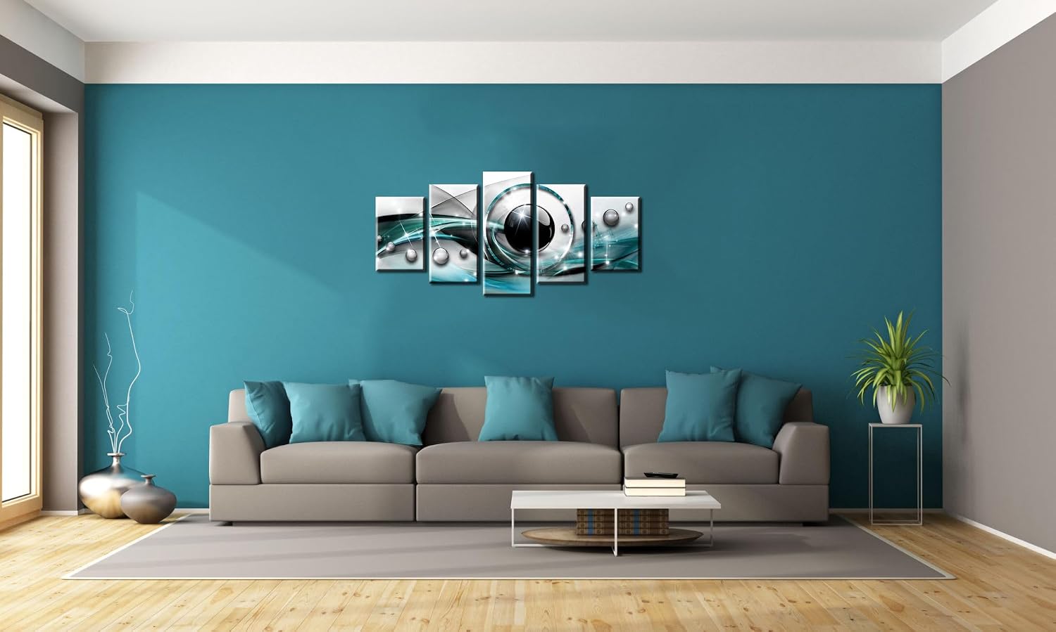 AWLXPHY Decor Abstract Canvas Wall Art Blue and Black Framed Painting for Living Room Decor Modern Simple Circle Line HD Print Artworks Giclee 5 Pieces (Teal, W80 x H40)