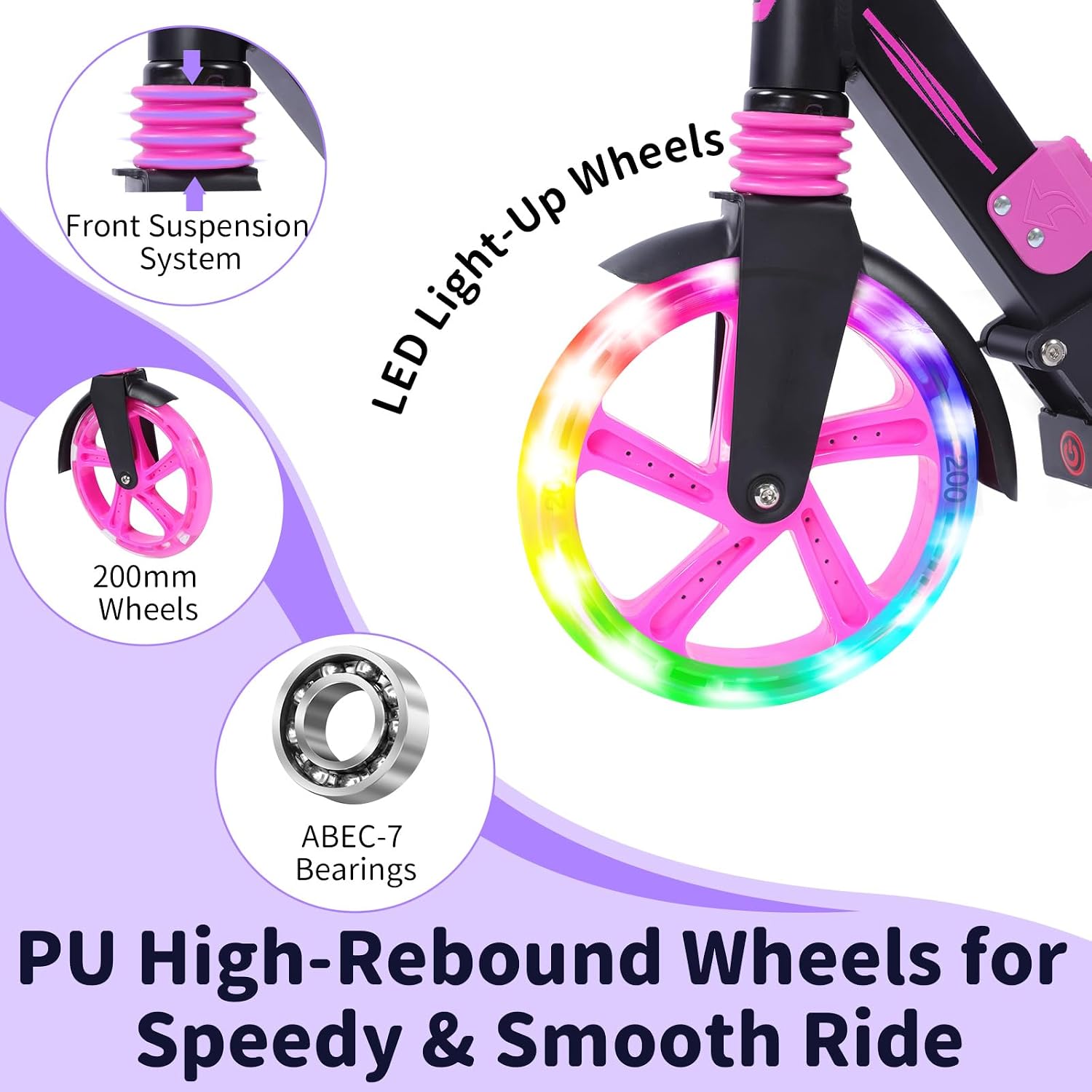 BELEEV V8 Scooters for Kids Ages 6+ with Light-Up Deck, 2 Wheel Folding Scooter for Adults Teens, 4 Adjustable Height, Lightweight Sport Commuter Scooter, Sturdy Frame, Max Load 220 lbs