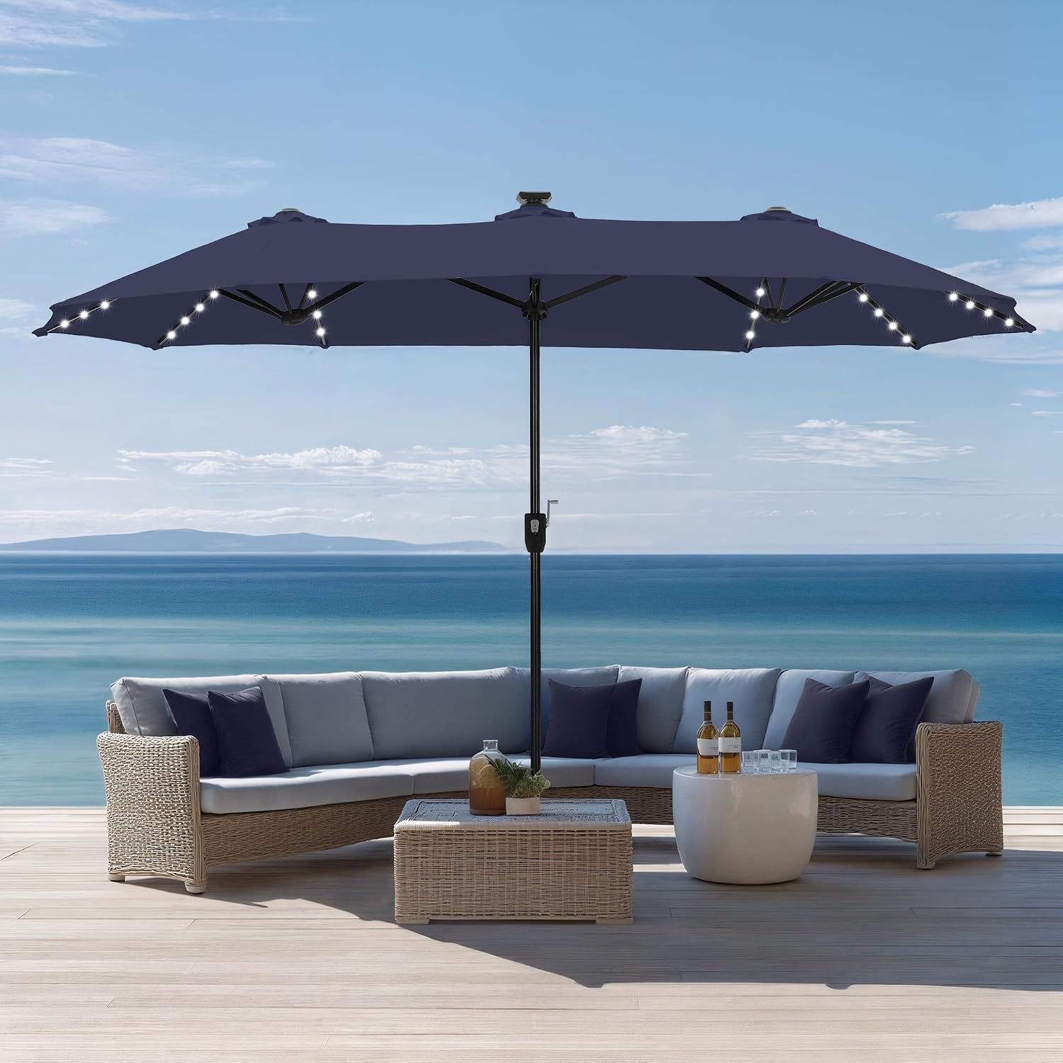 Sophia & William 13ft Outdoor Patio Umbrella with Solar Lights, Large Double-sided Umbrella with LED Lights, Perfect for Garden, Deck, Pool, Navy Blue