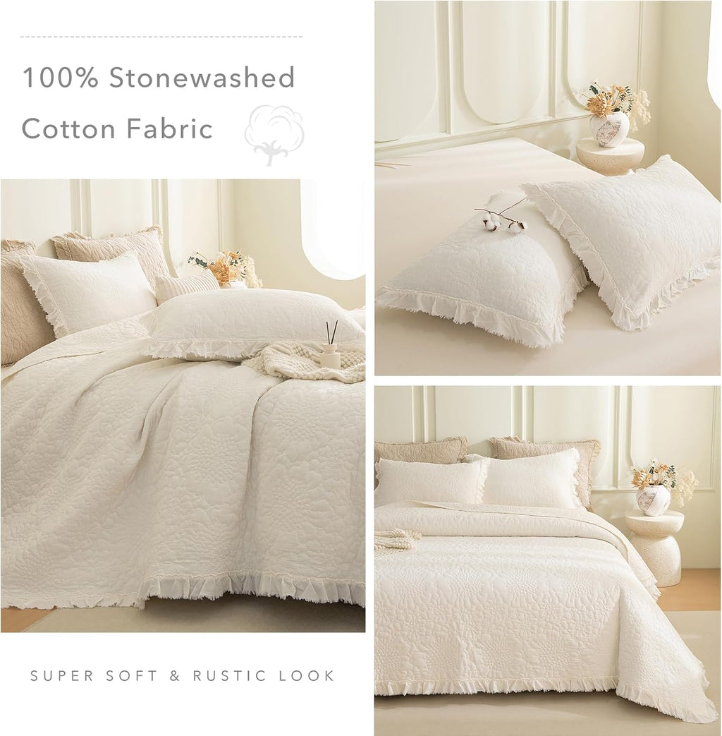 QSH 3PCs Stonewashed Cotton Quilt King (110'x98'),Milk White Ruffled Quilt King Size Bedding Set,Ultra Lightweight Soft Crinkle Bedspread Coverlet King Shabby Farmhouse Chic Bedspreads for All Seasons
