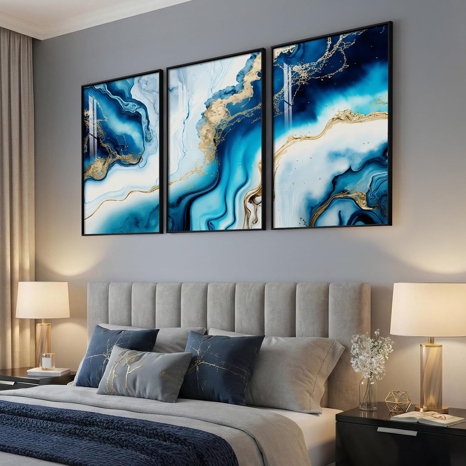 Large Framed Modern Elegant Abstract Wall Art for Living Room, 3 Piece Contemporary Blue and Gold Bright Prints Paintings Artwork for Walls, Luxury Pictures for Hallway Home Office Wall Decor 24x36 In