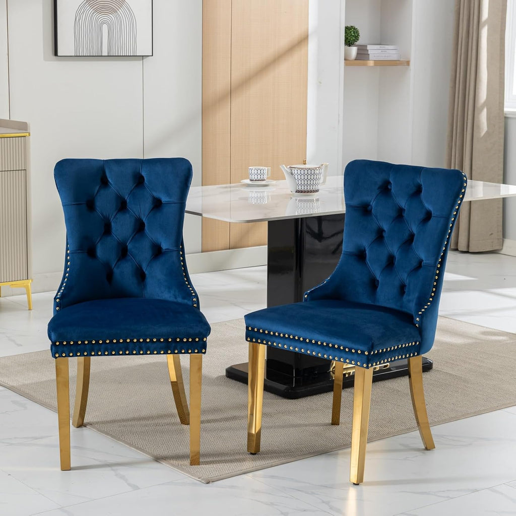 2 Piece Contemporary Velvet Upholstered Dining Chair with Chrome Stainless Steel Plating Legs, Nail Head Decro, Armless Tufted Dining Chair Fabric Dining Room Chair (Blue&Gold, Set of 2)