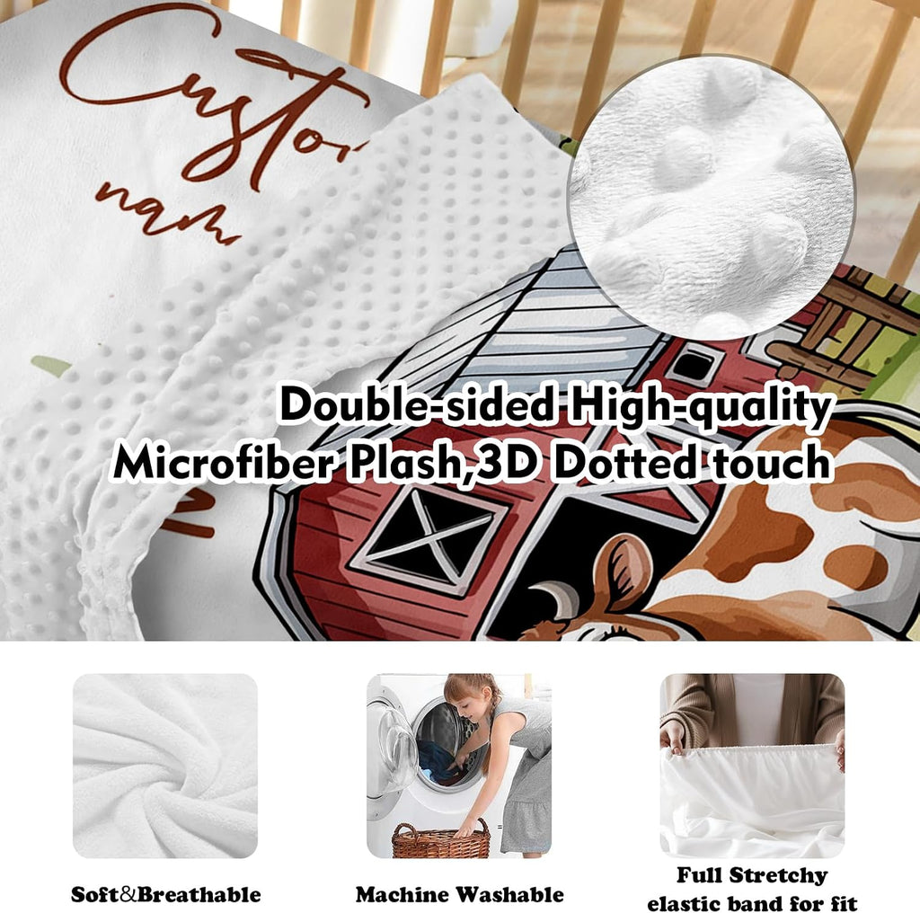 Personalized Crib Bedding Set for Baby Boys Girls, Farm Cabin Pattern Custom Name Baby Crib Sets 5-Pcs, Double Layer Baby Blanket Fitted Sheet Changing Pad Cover Rug Wall Art Set
