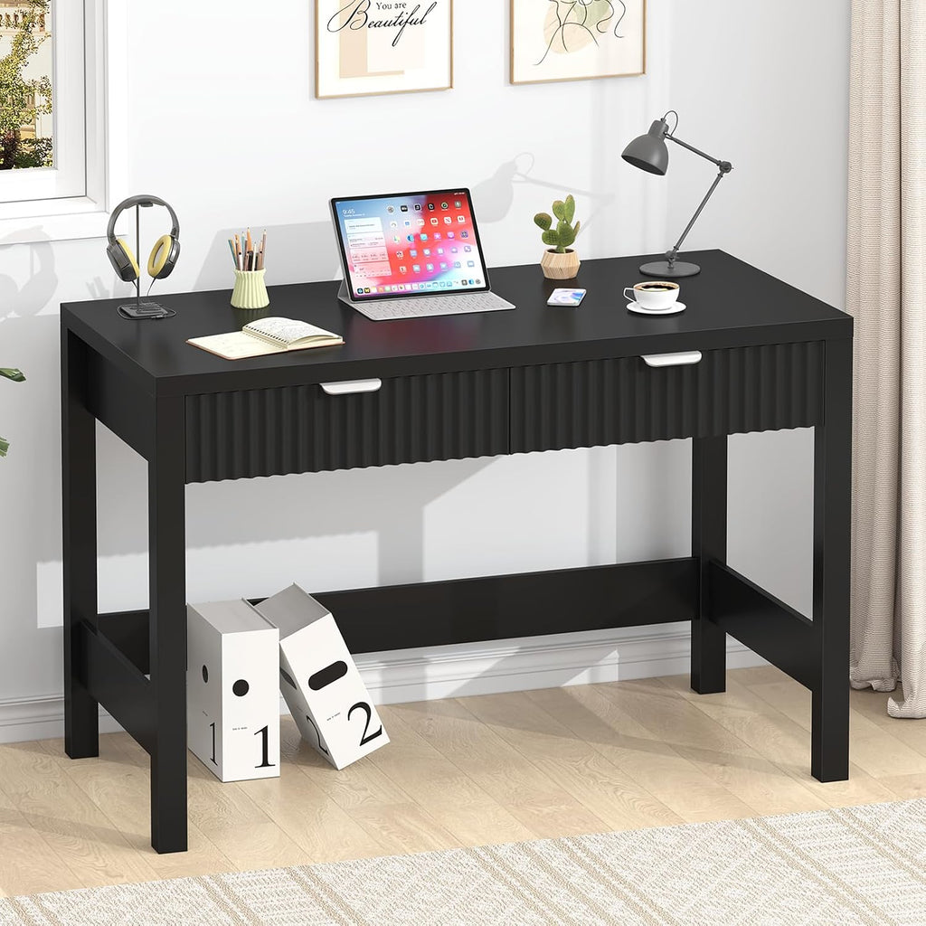 YOMILUVE Fluted Computer Desk with 2 Drawers, 39 Inch Small Computer Desk with Storage, Compact Writing Study Desk for Small Spaces, Black