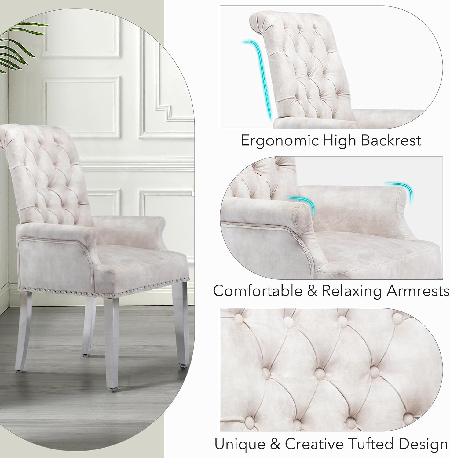 LOULENS Luxurious Velvet Dining Chairs Set of 2, Modern Upholstered Dining Chair with Arms, Tufted High Back Dining Room Chairs with Stainless Steel Leg for Kitchen & Dining Room, Beige