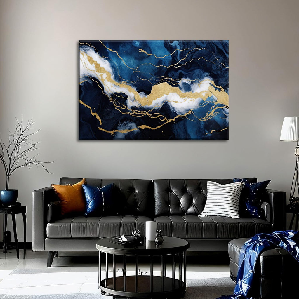 Large Navy Blue and Gold Wall Art Abstract Picture Living Room Decor Framed Modern Marble Texture Painting Canvas Prints for Bedroom Bathroom Home Office Ready to Hang - 32.00'x48.00'