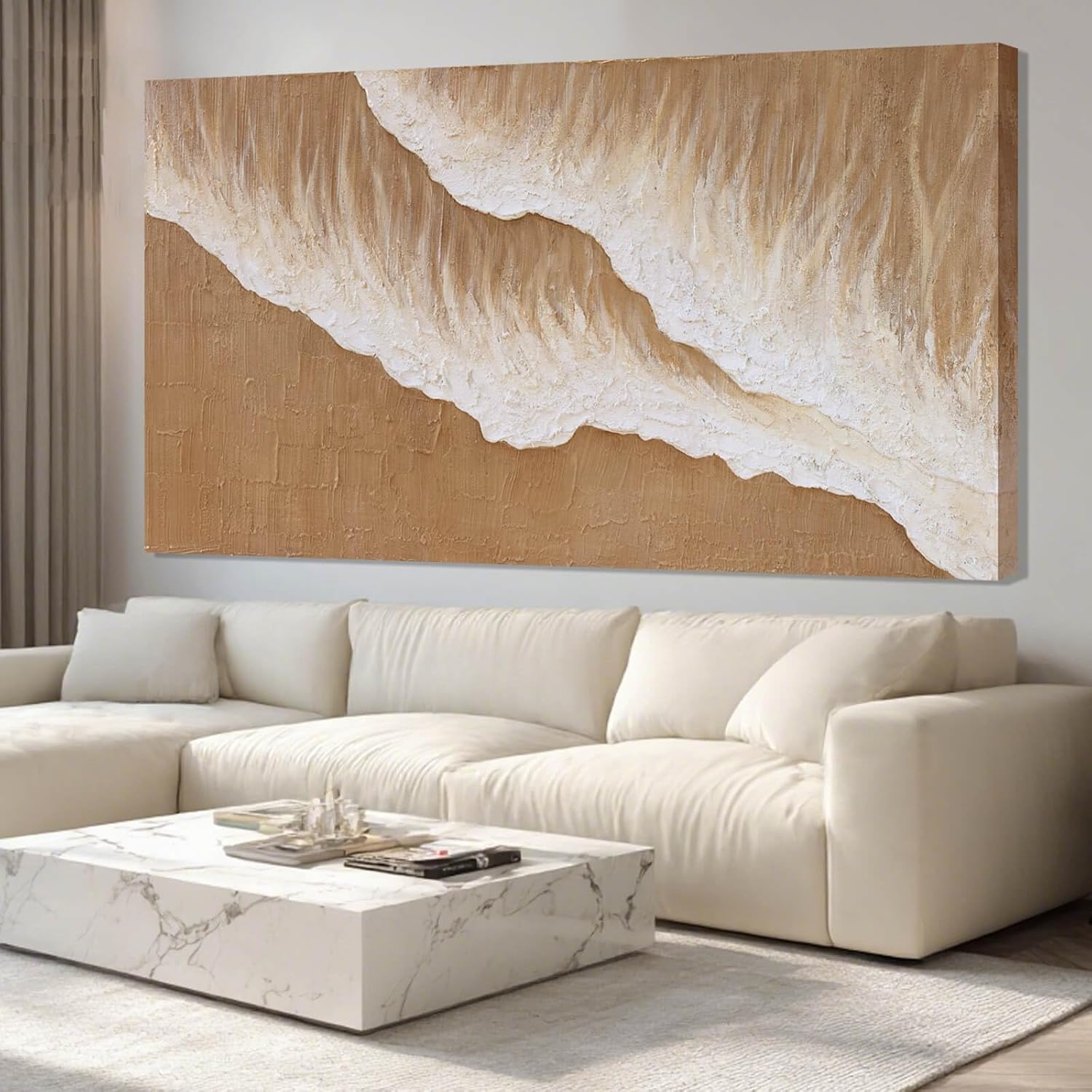 ZENPEE Large Abstract Wall Art, Brown Modern Wall Decor, Beach Canvas Wall Art for Living Room or Office, Room Posters, 29' x 58'