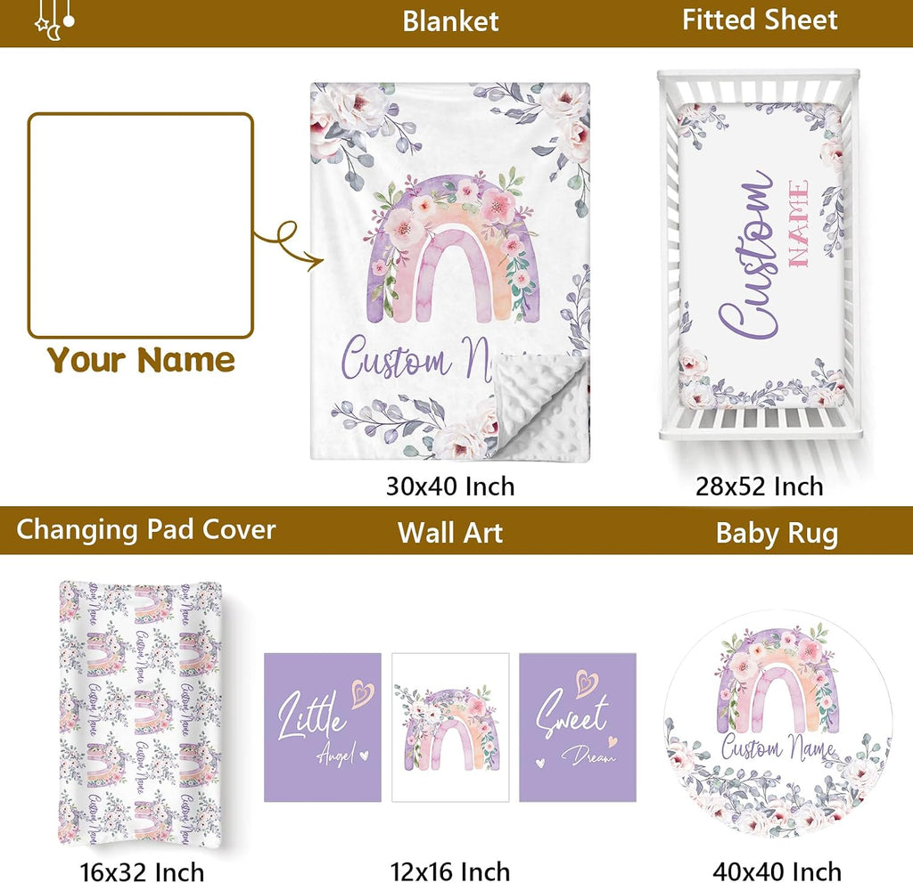 Terwex Personalized Baby Crib Set, 5 Pcs Custom Name Bedding for Girls Boys - Nursery Crib Sets, Soft Toddler Sets for Infant Customized Gifts, Purple Rainbow