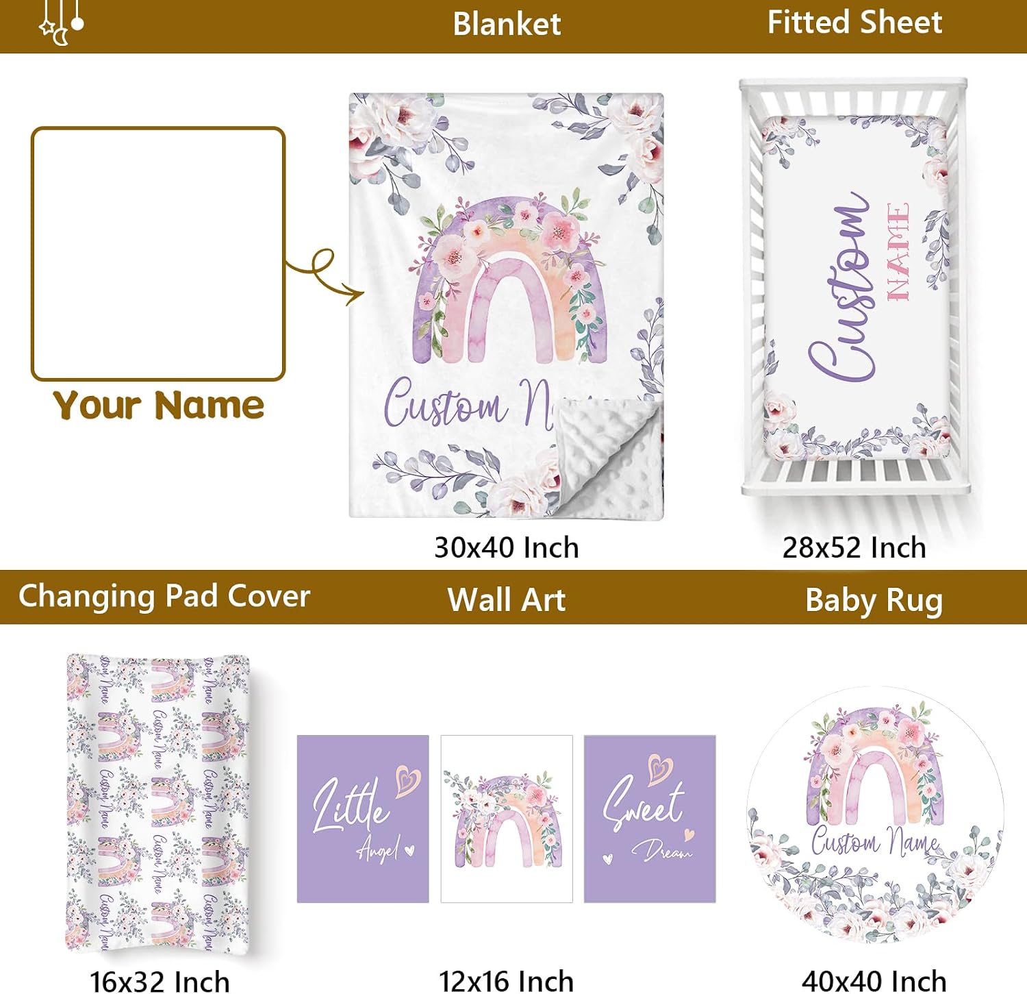 Terwex Personalized Baby Crib Set, 5 Pcs Custom Name Bedding for Girls Boys - Nursery Crib Sets, Soft Toddler Sets for Infant Customized Gifts, Purple Rainbow