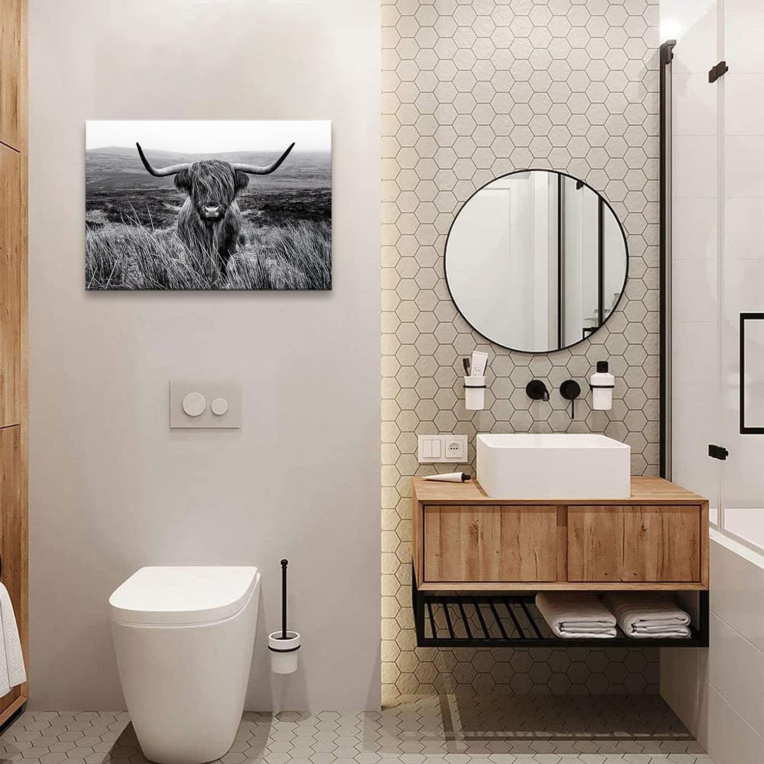 Highland Cow Wall Art Canvas Black and White Artwork Canvas Picture Highland Cow Prints Paintings Wall Decor Framed for Living Room Bathroom (28x44 inch)
