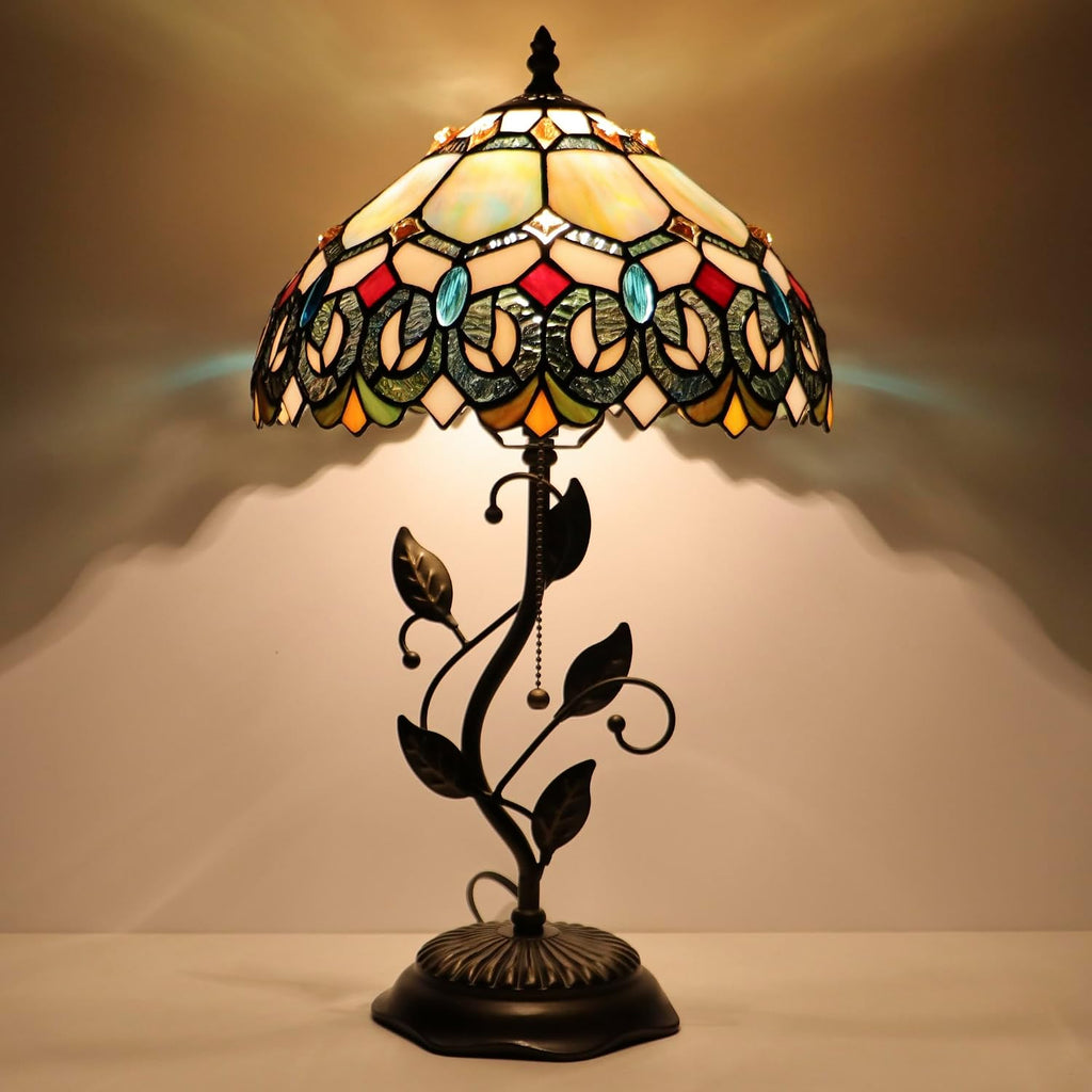 Tiffany Table Lamp, Stained Glass Style Desk Lamp, 12X12X19 Inch,Bedside Reading Light, Metal Leaf Base (Seven Color Baroque)