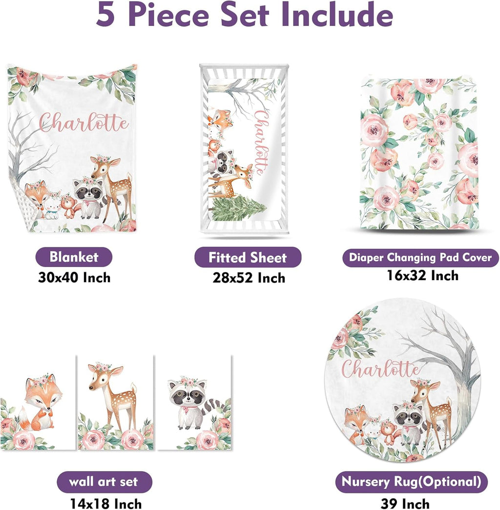 Personalized Nursery Crib Bedding Set: Custom Name 5 Piece Baby Crib Sets with Cute Sika Deer & Fox Pattern - Toddler Double Layer Blanket Set, Comfortable Crib Bed Sheets for Baby Grils