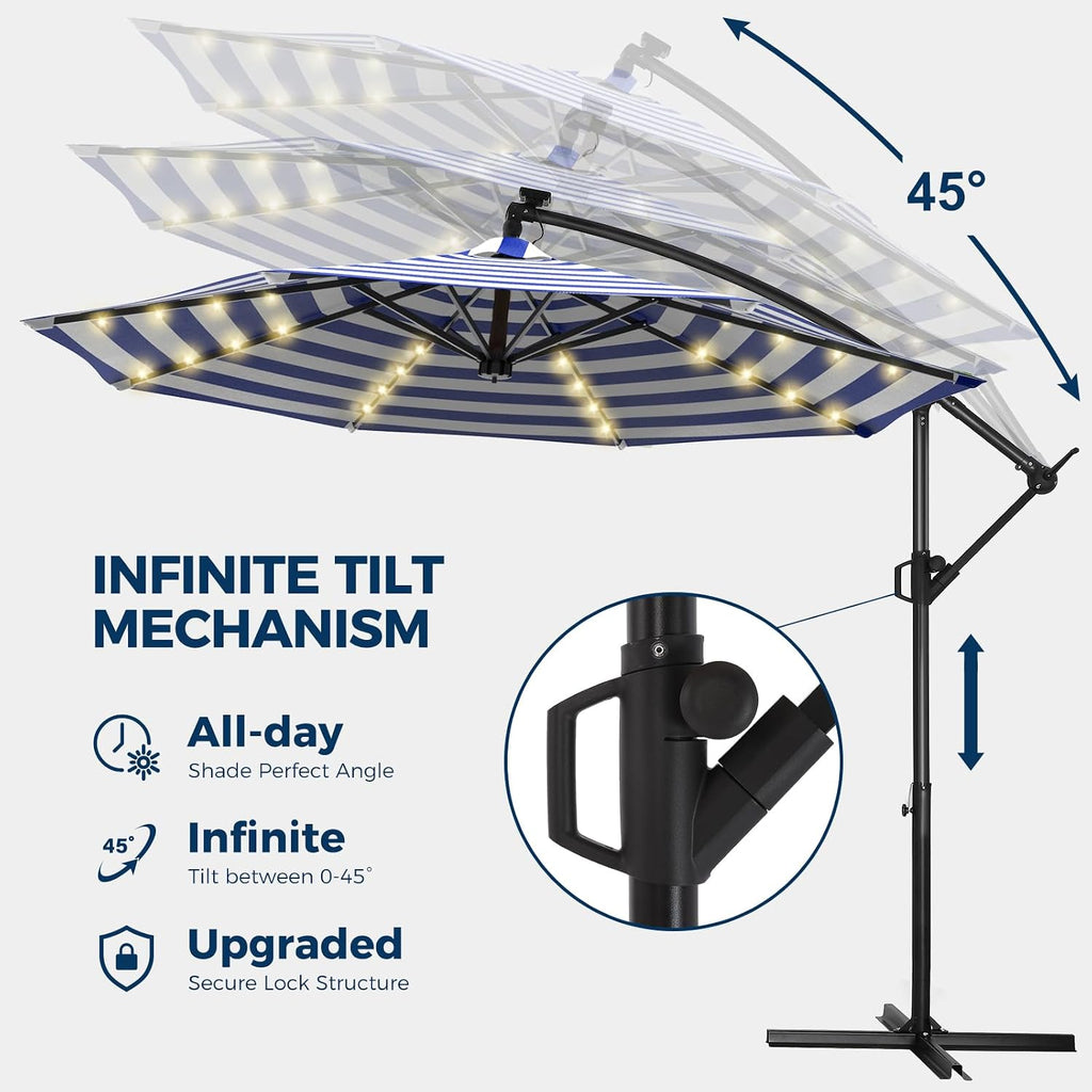 HOMSHADE 10ft Solar Lights Offset Cantilever Patio Umbrella - with Light and Base, LED Offset Patio Outdoor Umbrella UPF50+ UV Protection with Easy Tilt and Crank (Navy&White Stripes)
