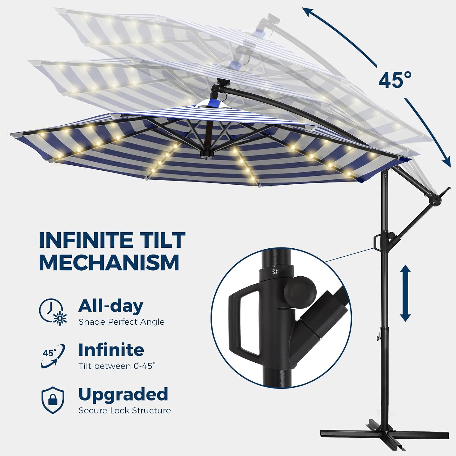 HOMSHADE 10ft Solar Lights Offset Cantilever Patio Umbrella - with Light and Base, LED Offset Patio Outdoor Umbrella UPF50+ UV Protection with Easy Tilt and Crank (Navy&White Stripes)