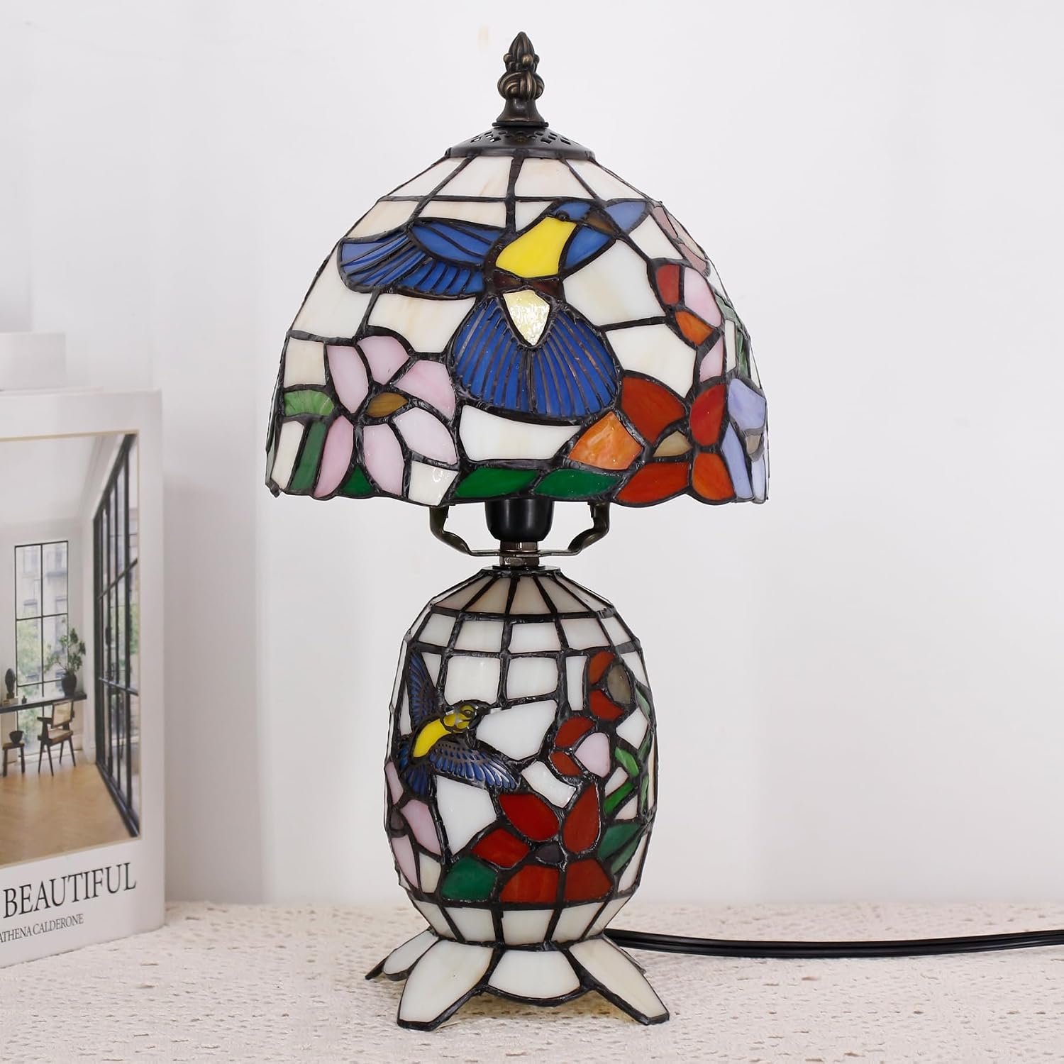 Small Tiffany Lamp Stained Glass Table Lamp Mini Mother Daughter Vase Desk Accent Light for Bedroom Bedside Reading Home Antique Style Decor 8X14 Inches (Hummingbird)