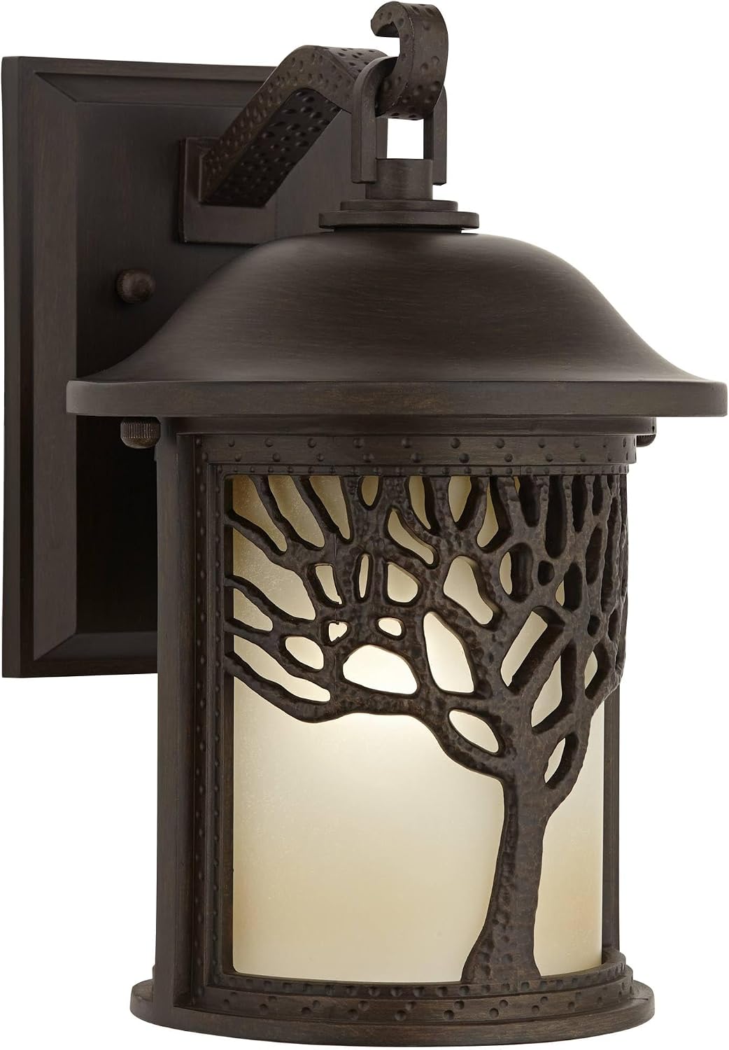 John Timberland Rustic Mission Outdoor Wall Light Sconce Fixture Bronze Tree Motif 12 1/4' Amber Glass Lantern Decor Exterior House Porch Patio Outside Deck Garage Yard Front Door Garden Home