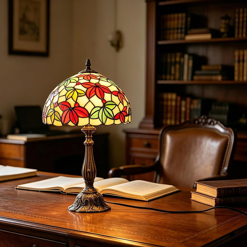 Tiffany Style Stained Glass Table Lamp, Maple Leaf Desk Light with Antique Bronze Resin Base, Multicolor Reading Lighting for Bedroom, Living Room, Office 12'X12'X19 (Maple-White)